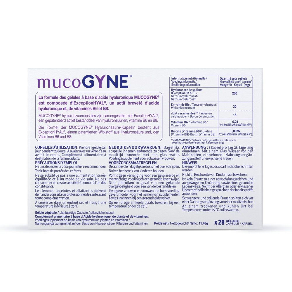 MUCOGYNE® Gélules à base d'acide hyaluronique - Équilibre des muqueuses & Élasticité de la peau