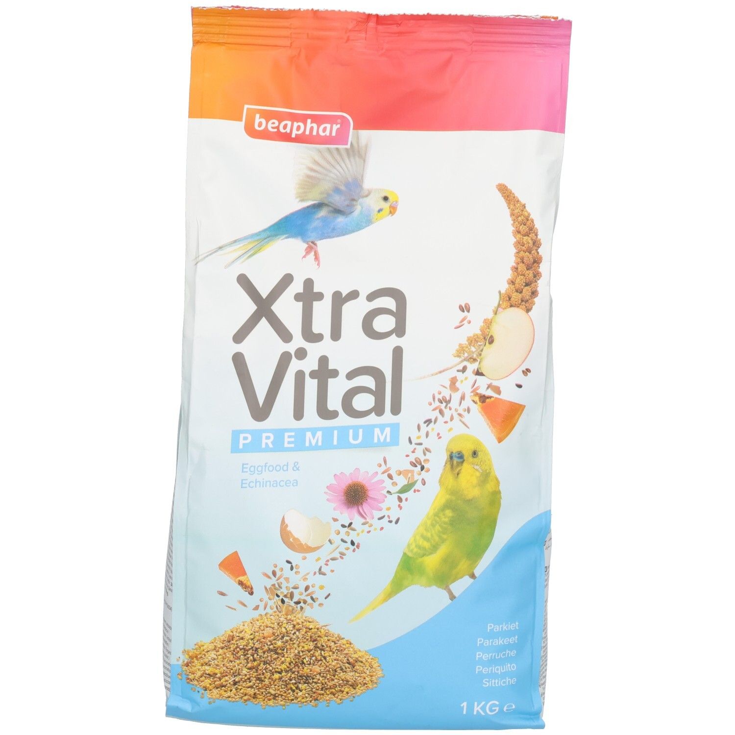 Emballage de nourriture pour oiseaux Beaphar XtraVital Premium. Logo et nom du produit visibles. Illustration de perroquet et ingrédients.