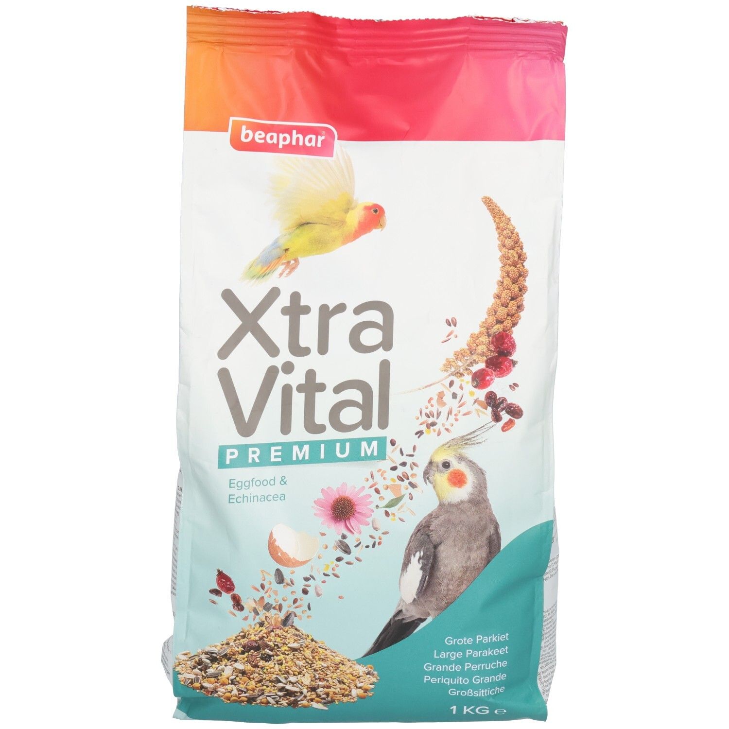 Sac de nourriture pour oiseaux. Inscription "beaphar Xtra Vital PREMIUM". Illustration d'un perroquet et ingrédients.