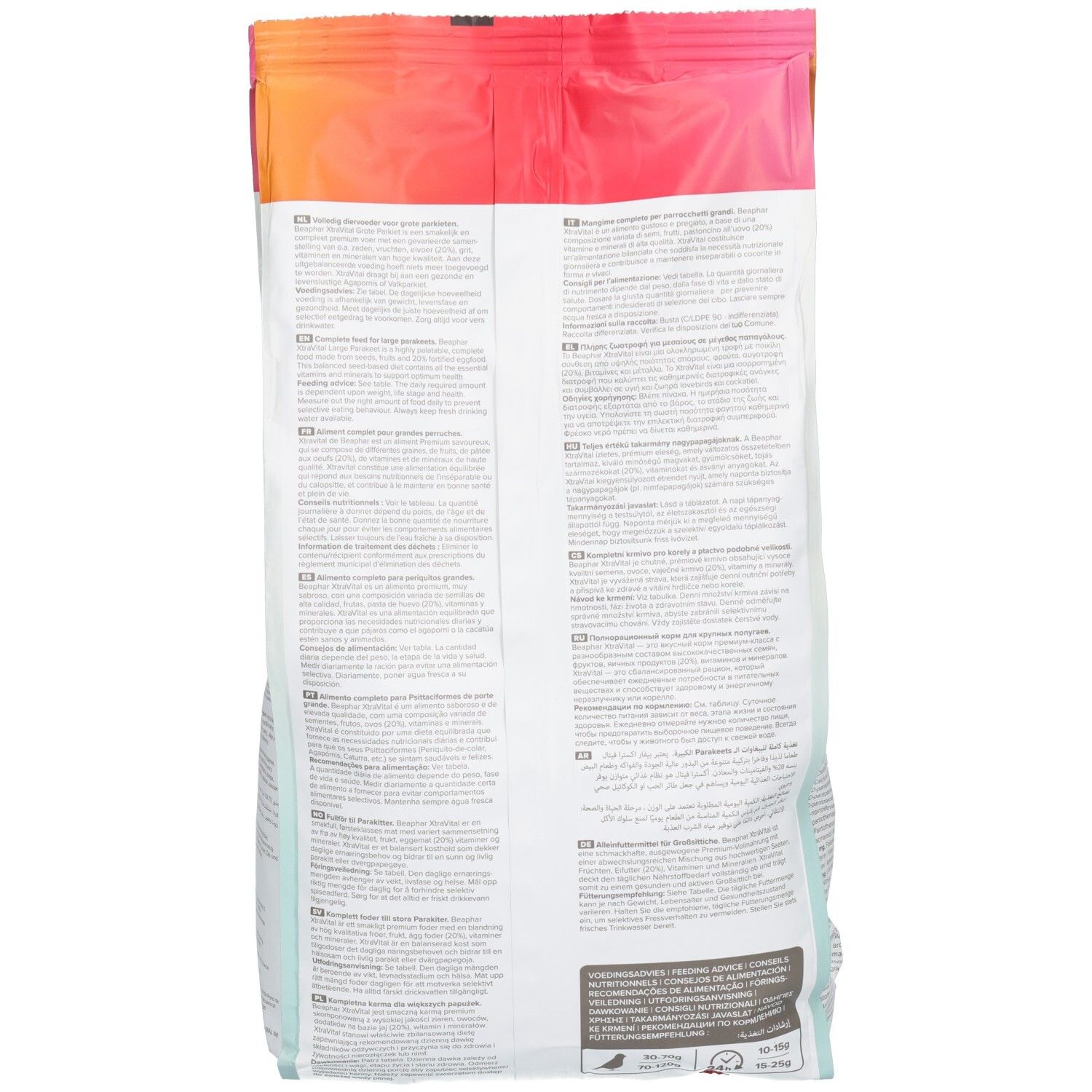 Dos du sac de nourriture pour oiseaux. Texte en plusieurs langues. Sceaux et informations en bas.