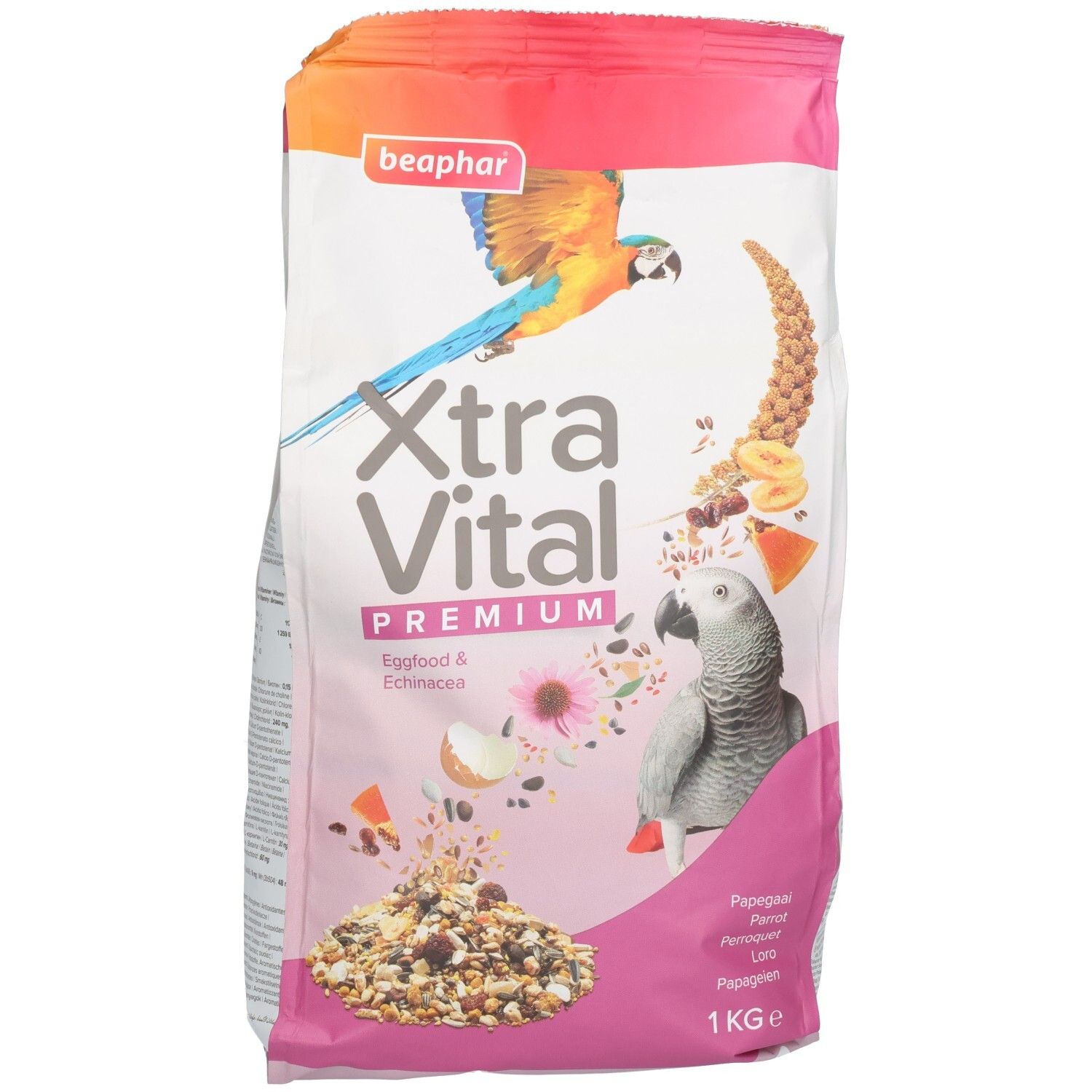 Beaphar XtraVital Papegaai 1kg. Emballage rose avec illustration de perroquet. Texte : XtraVital, Premium, Eggfood & Echinacea.