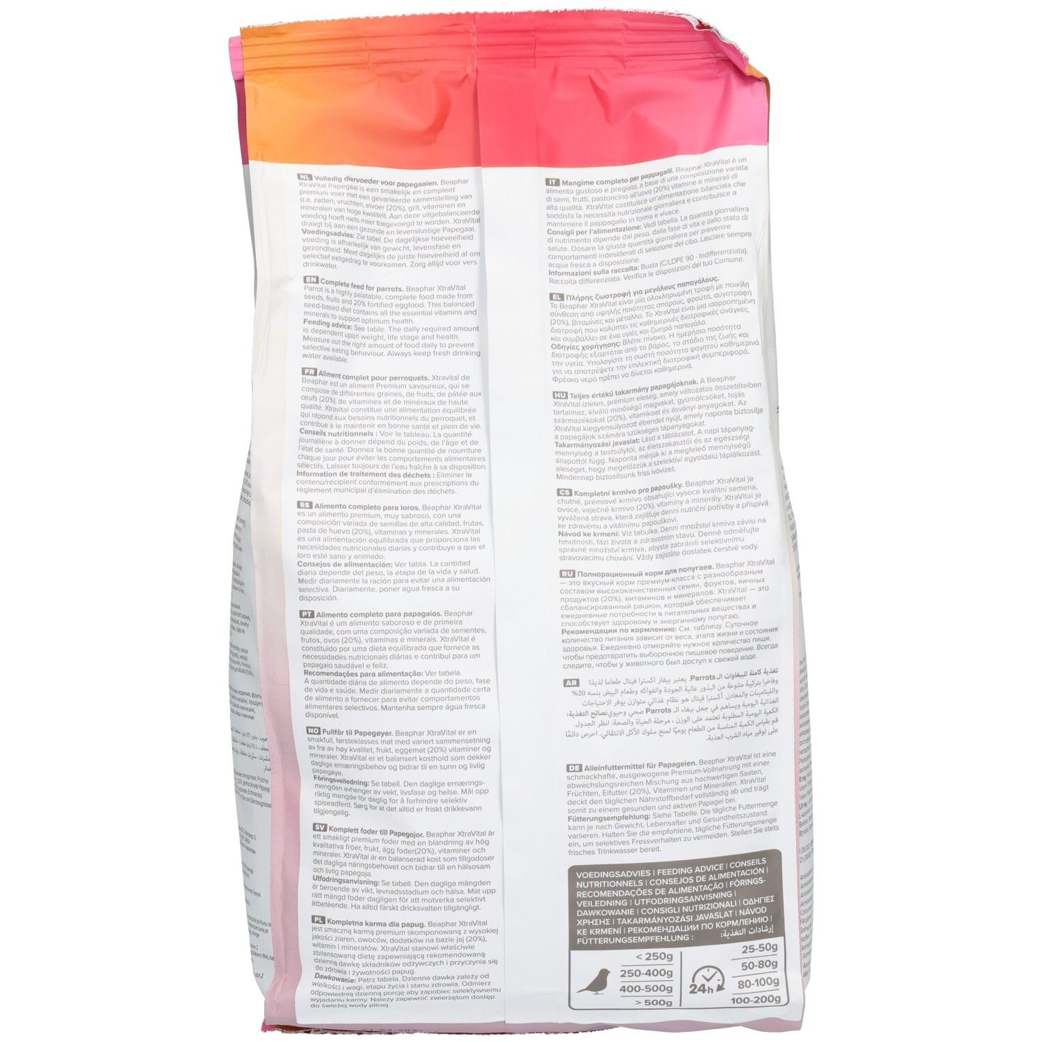 Dos du paquet Beaphar XtraVital Papegaai 1kg. Texte en plusieurs langues. Couleurs rose et blanc.