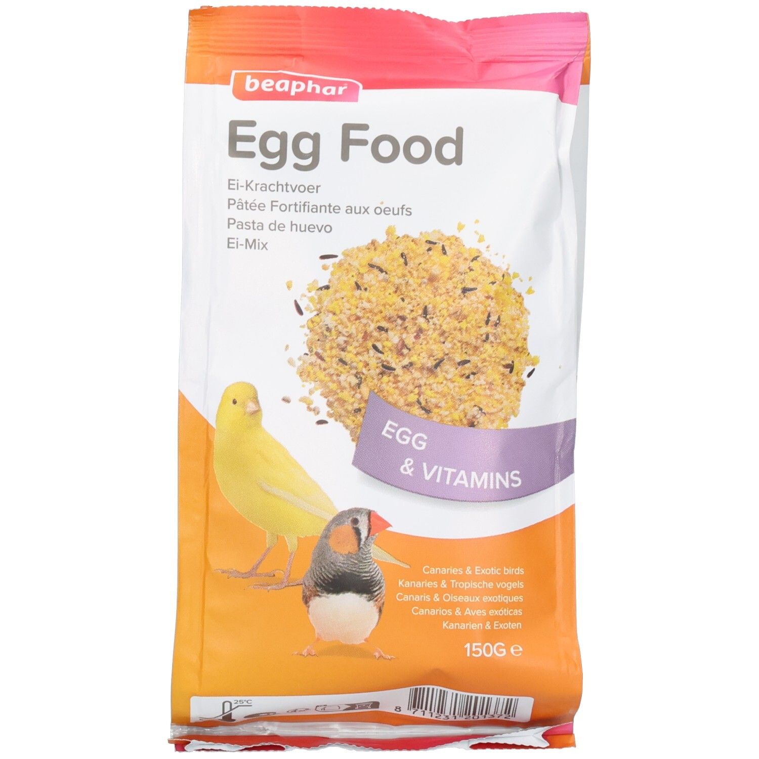 Beaphar Ei-Mix pour Canaris & Exotiques: Pâtée aux œufs et vitamines, paquet de 150g avec illustration de canari et de diamant mandarin.