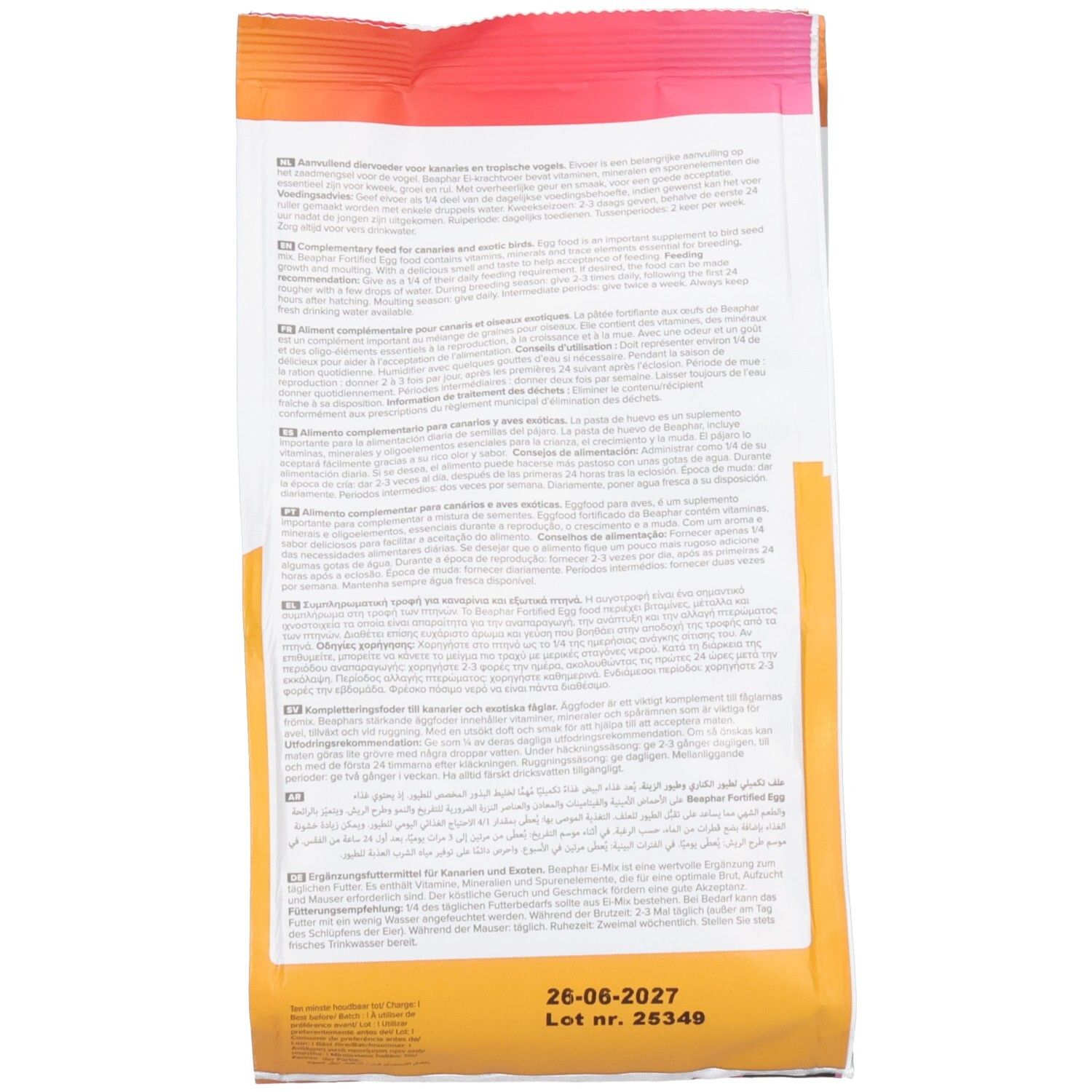 Arrière du paquet Beaphar Ei-Mix avec instructions d'utilisation détaillées et informations produit en plusieurs langues.