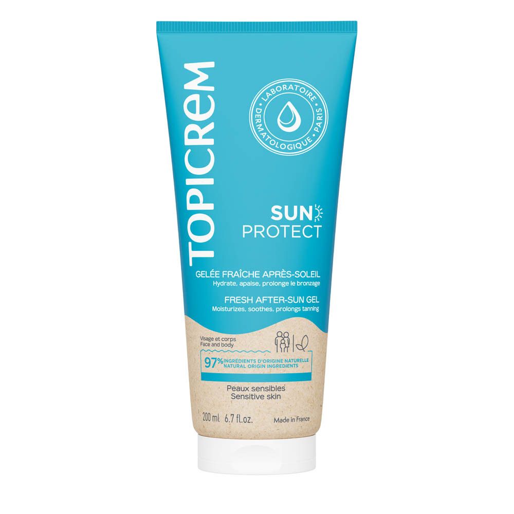 Tube Topicrem Sun Protect Gelée Après-Soleil Fraîche. 97% d'ingrédients d'origine naturelle. Peaux sensibles.