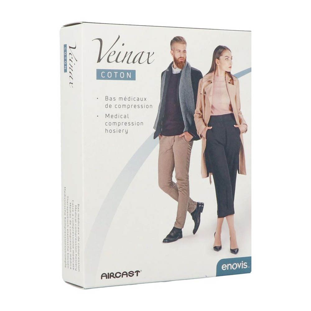 Boîte de bas de compression médicaux Veinax Coton. Homme et femme représentés. Marque Aircast et enovis.
