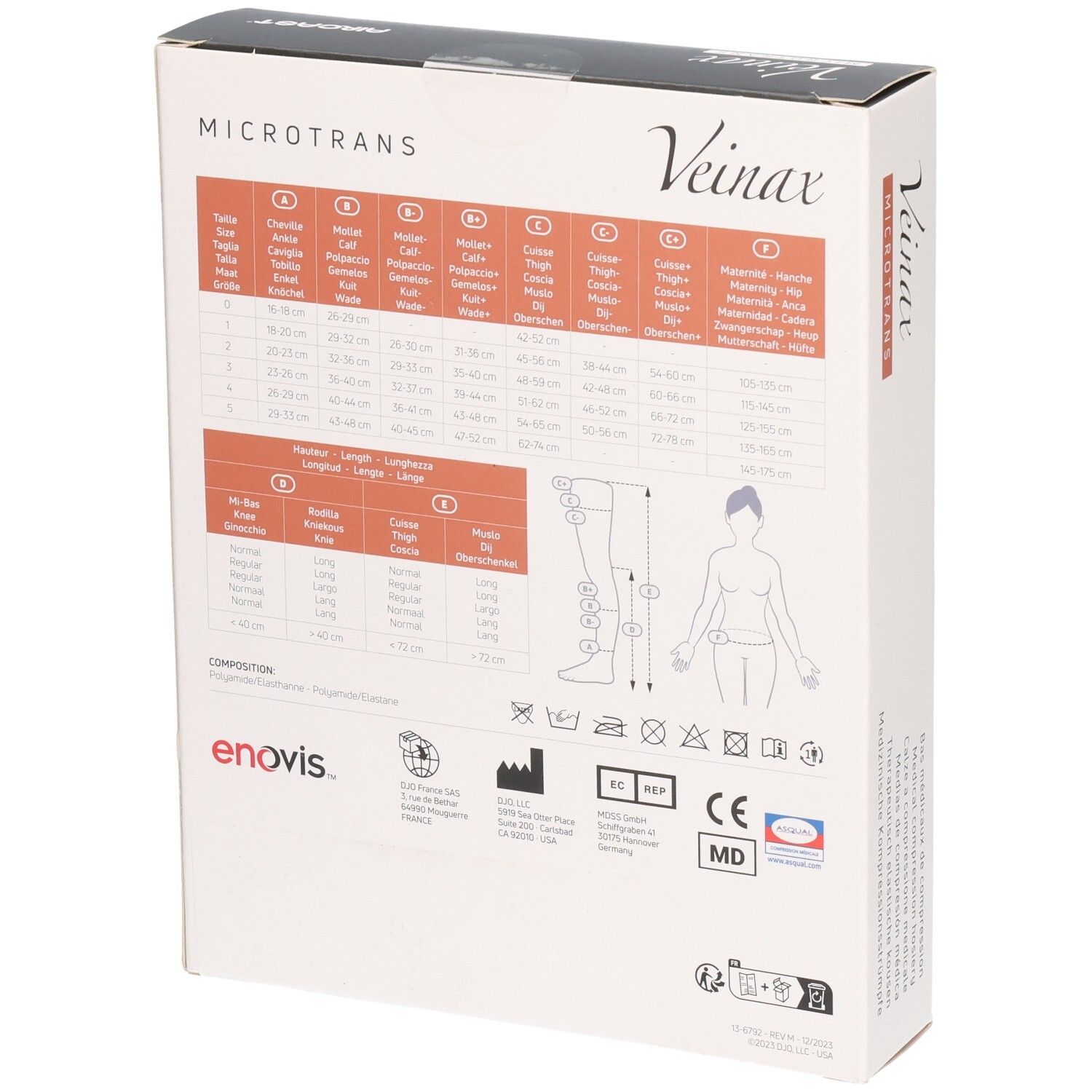 Dos de la boîte de bas de compression médicaux Veinax Microtrans. Tableau des tailles et symboles.