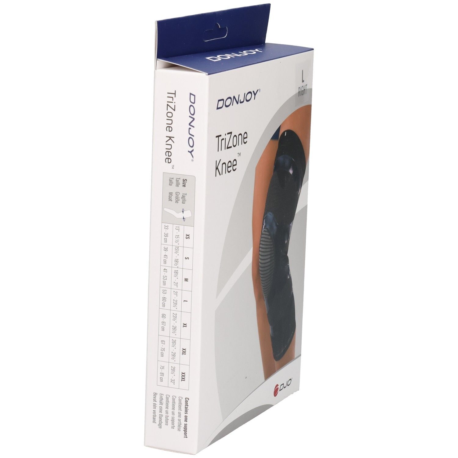 Emballage de genouillère DONJOY TriZone avec tableau des tailles.