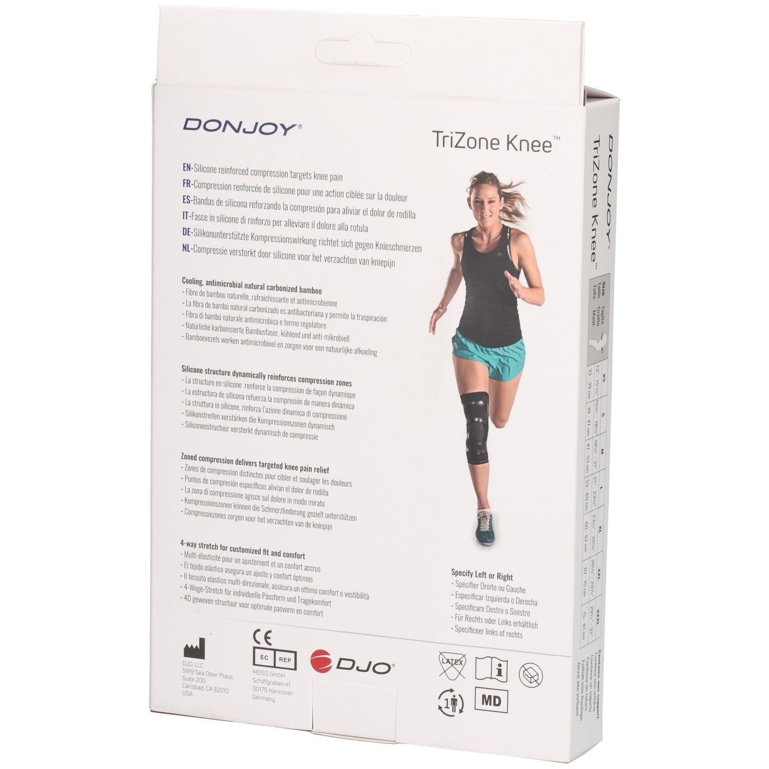 Arrière de l'emballage de genouillère DONJOY TriZone avec informations produit et coureuse.