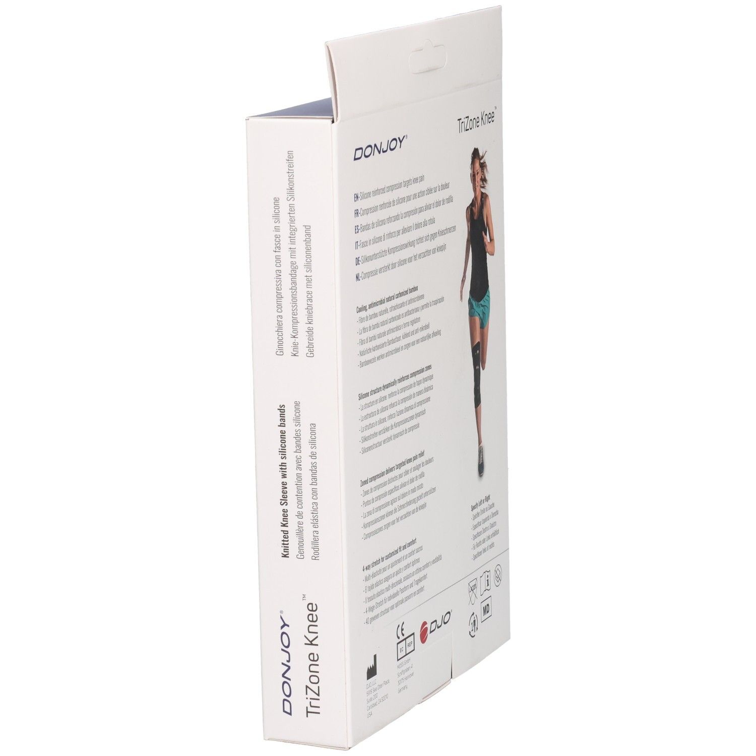 Emballage de genouillère DONJOY TriZone avec description produit et coureuse.