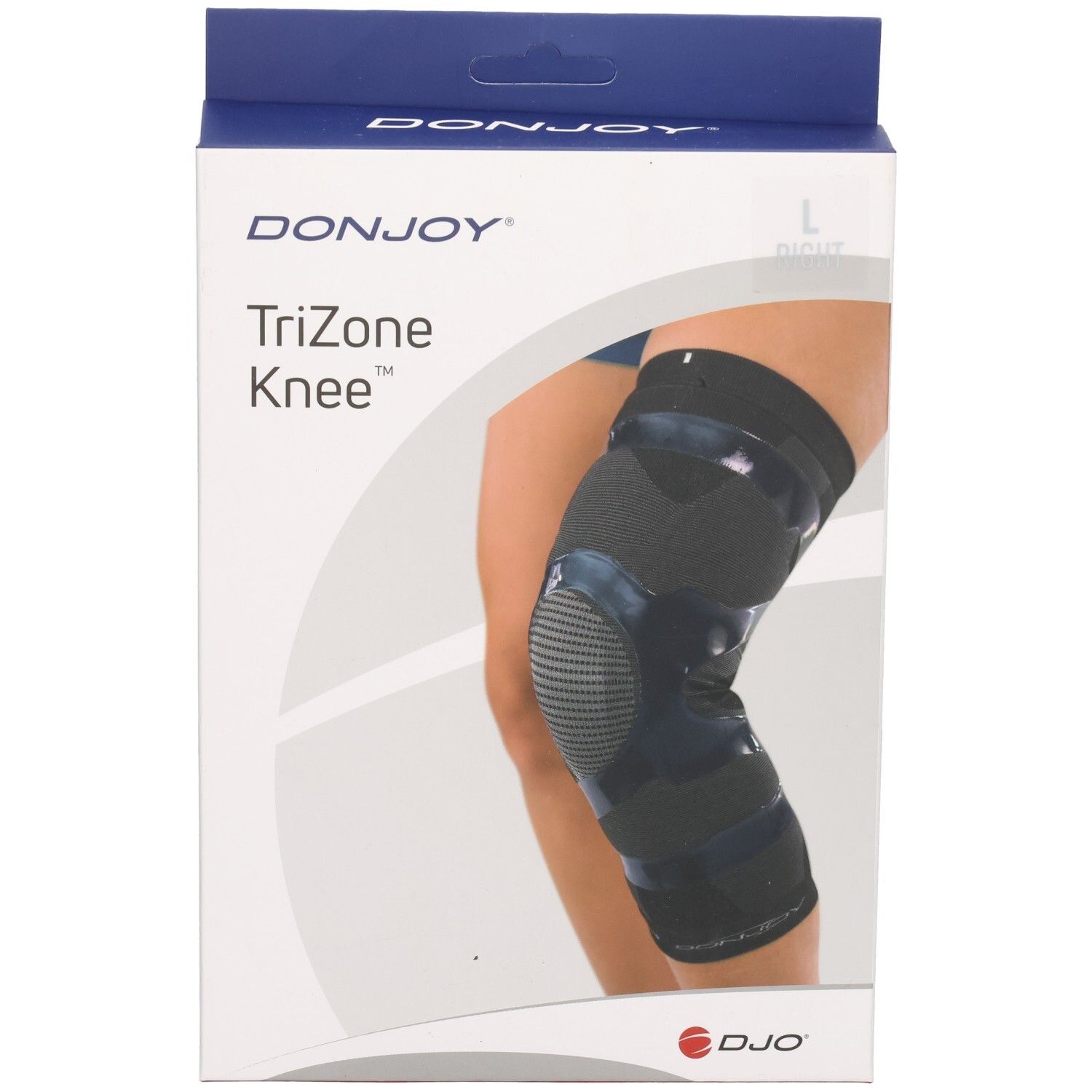 Emballage de genouillère DONJOY TriZone avec illustration de genouillère.