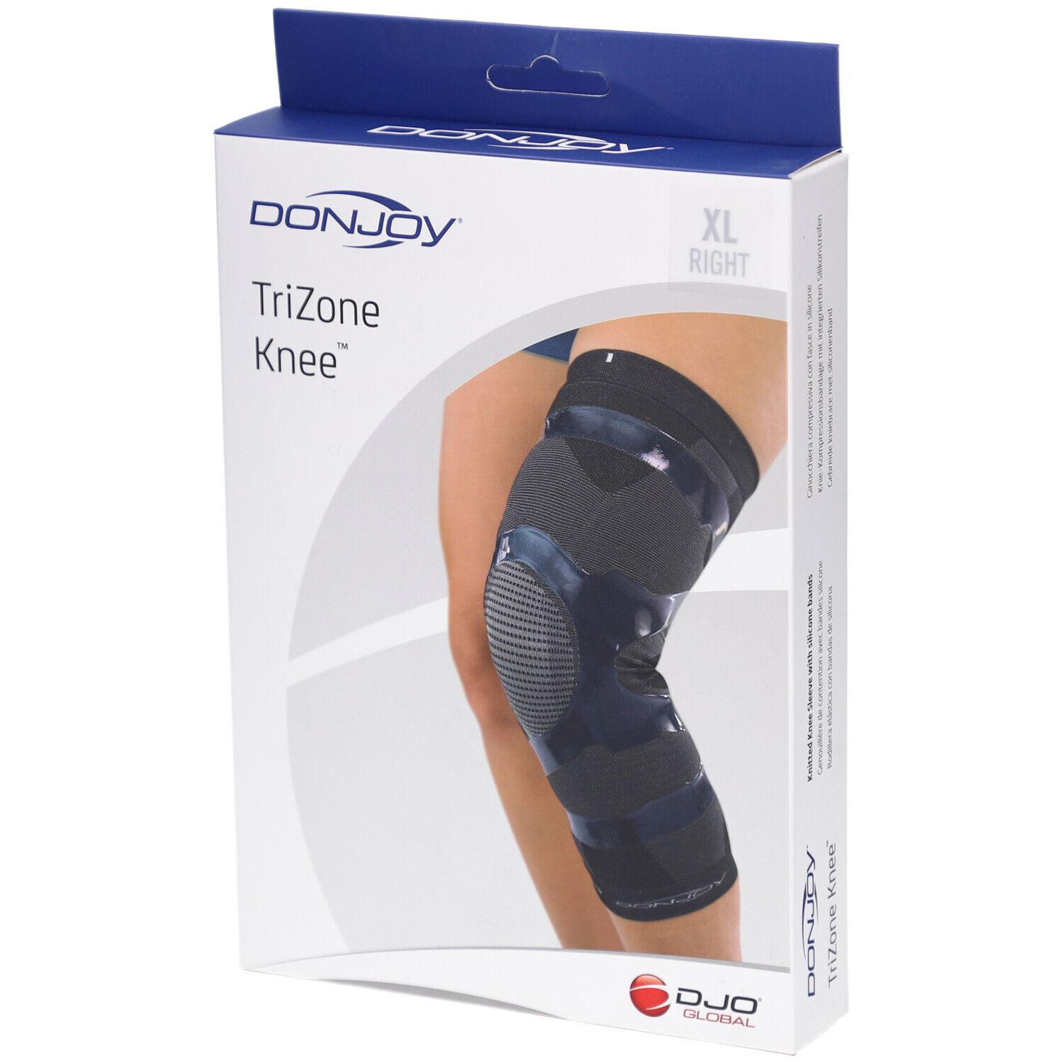 DonJoy Trizone Knee Extra Large droit. Genouillère dans son emballage. XL, droite. Marque et nom visibles.