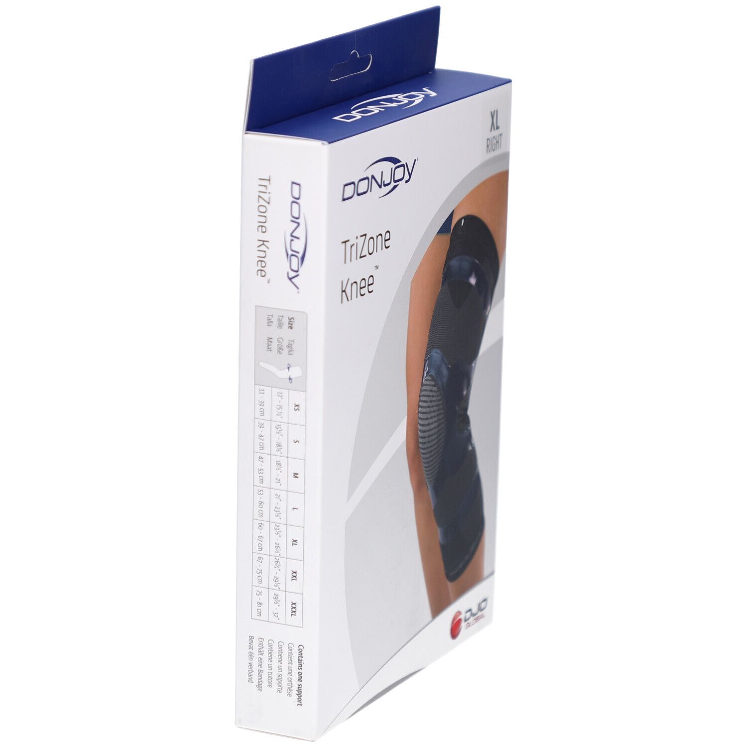 DonJoy Trizone Knee Extra Large, emballage. Vue latérale. Tailles et nom du produit sur l'emballage.