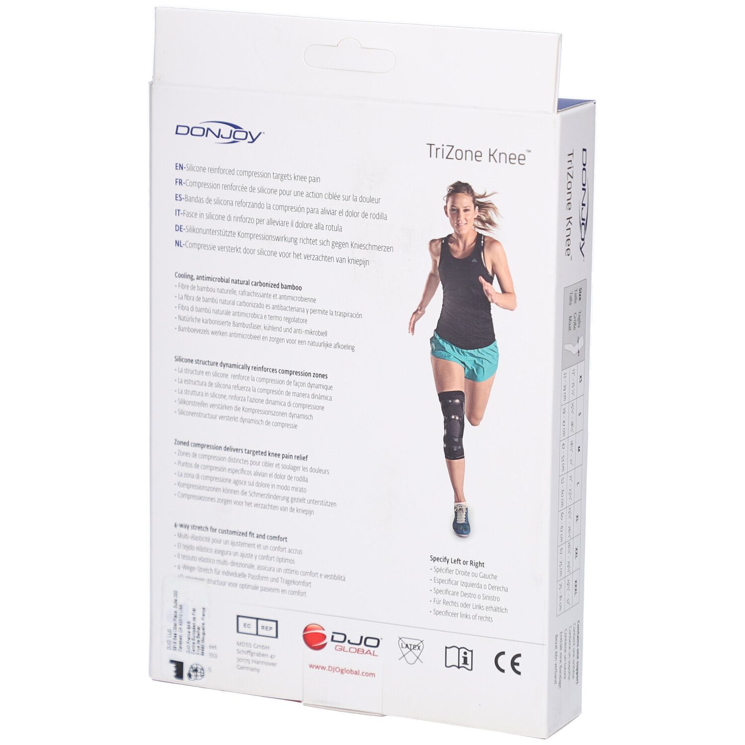Dos de l'emballage DonJoy Trizone Knee. Illustration du produit, informations et marquage CE.