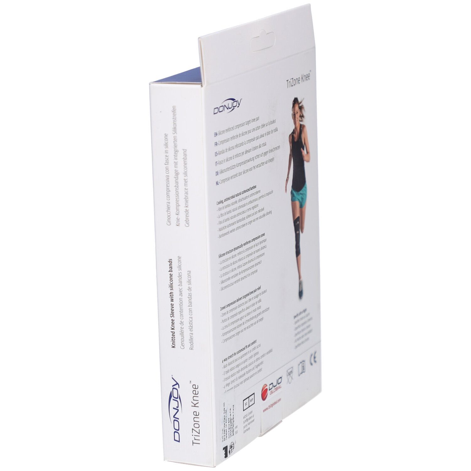 Emballage DonJoy Trizone Knee, vue latérale. Nom du produit et informations sur l'emballage.