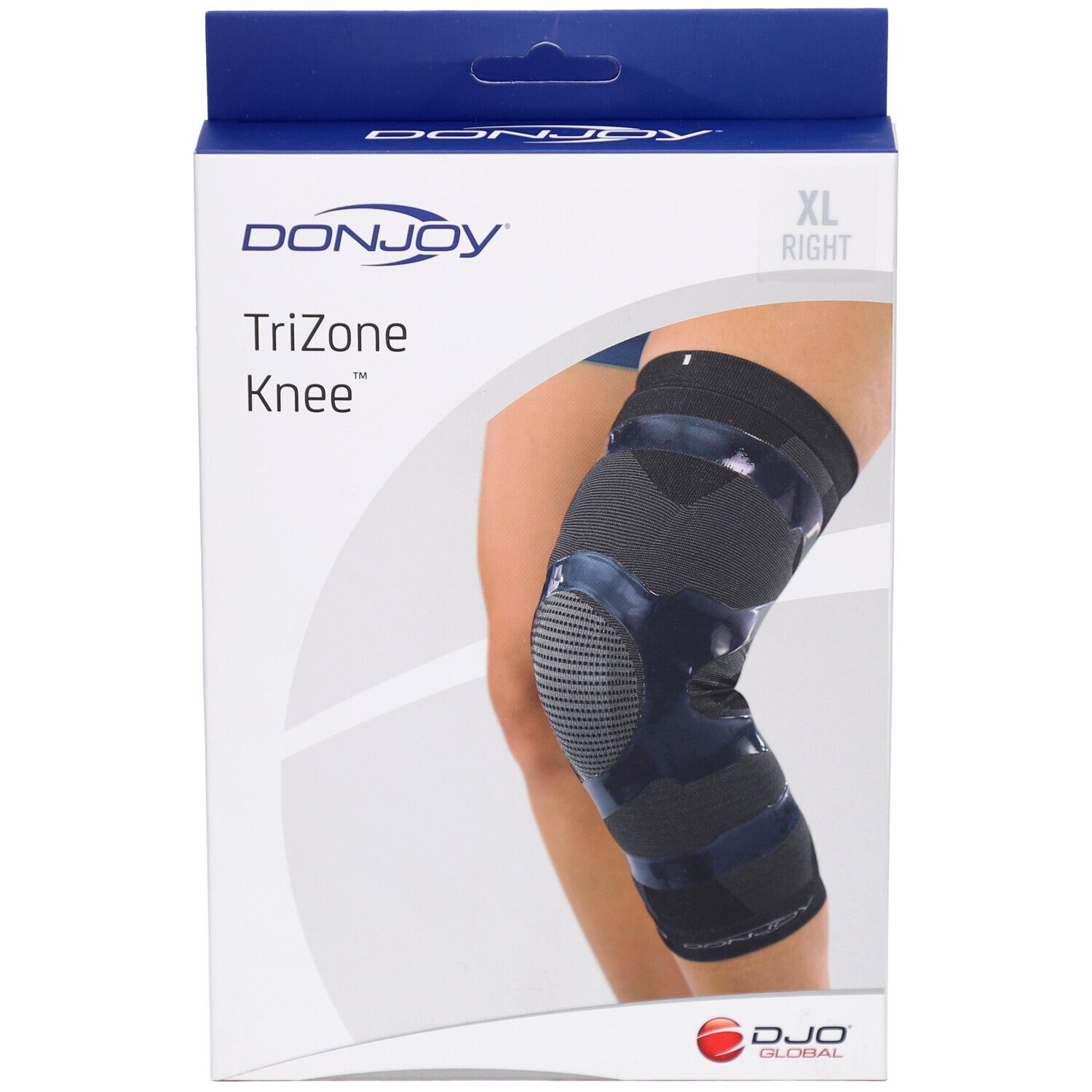 DonJoy Trizone Knee Extra Large droit. Genouillère dans son emballage. XL, droite. Marque et nom visibles.