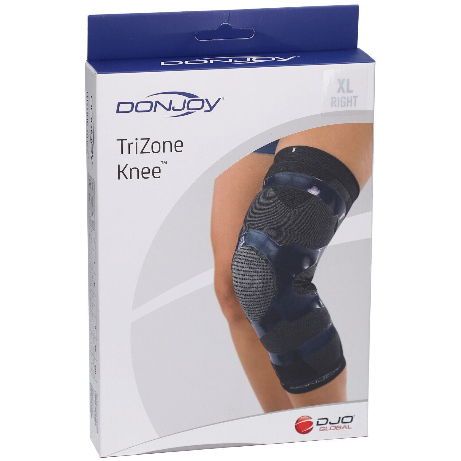 DonJoy Trizone Knee Extra Large droit. Genouillère dans son emballage. XL, droite. Marque et nom visibles.