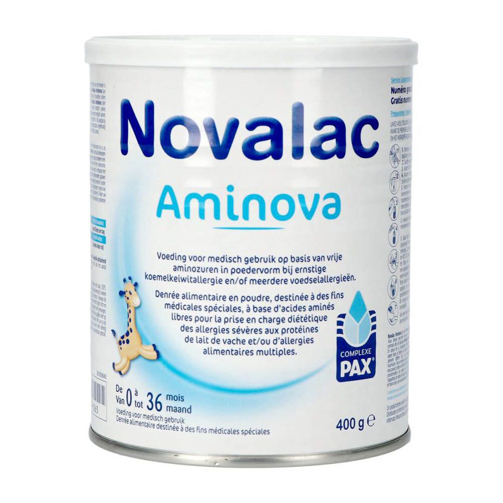Boîte Novalac Aminova, 0-36 mois. Boîte blanche avec étiquette bleue. Contient du texte et une illustration de girafe. 400g.