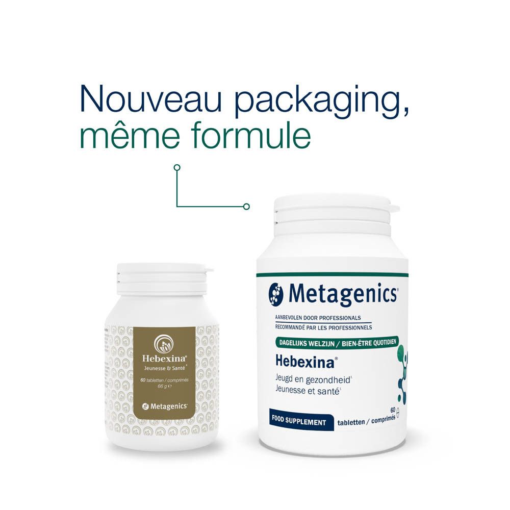 Deux flacons, un petit, un grand. Texte: Nouveau packaging, même formule. Metagenics, Hebexina.