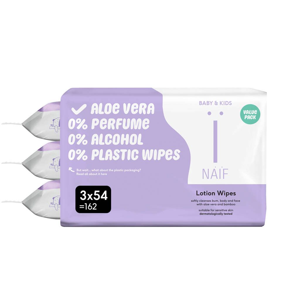 Lingettes NAIF Baby & Kids, 3 x 54 pièces. 162 lingettes. Sans parfum, alcool, plastique. Avec aloe vera.