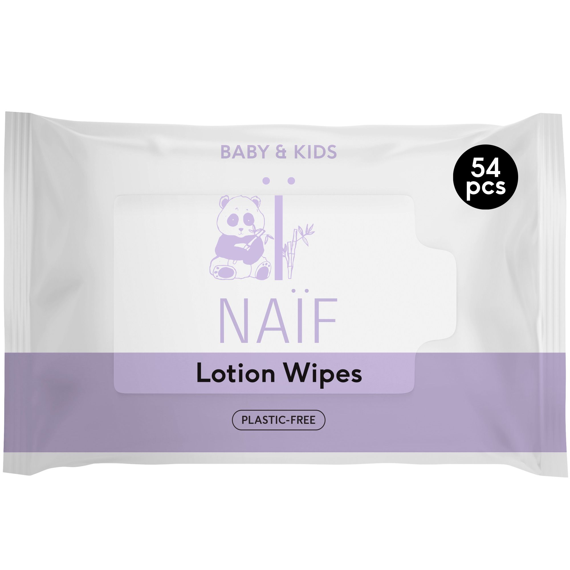 Paquet de lingettes NAÏF Lotion Wipes. 54 pièces. Inscription : Sans plastique.