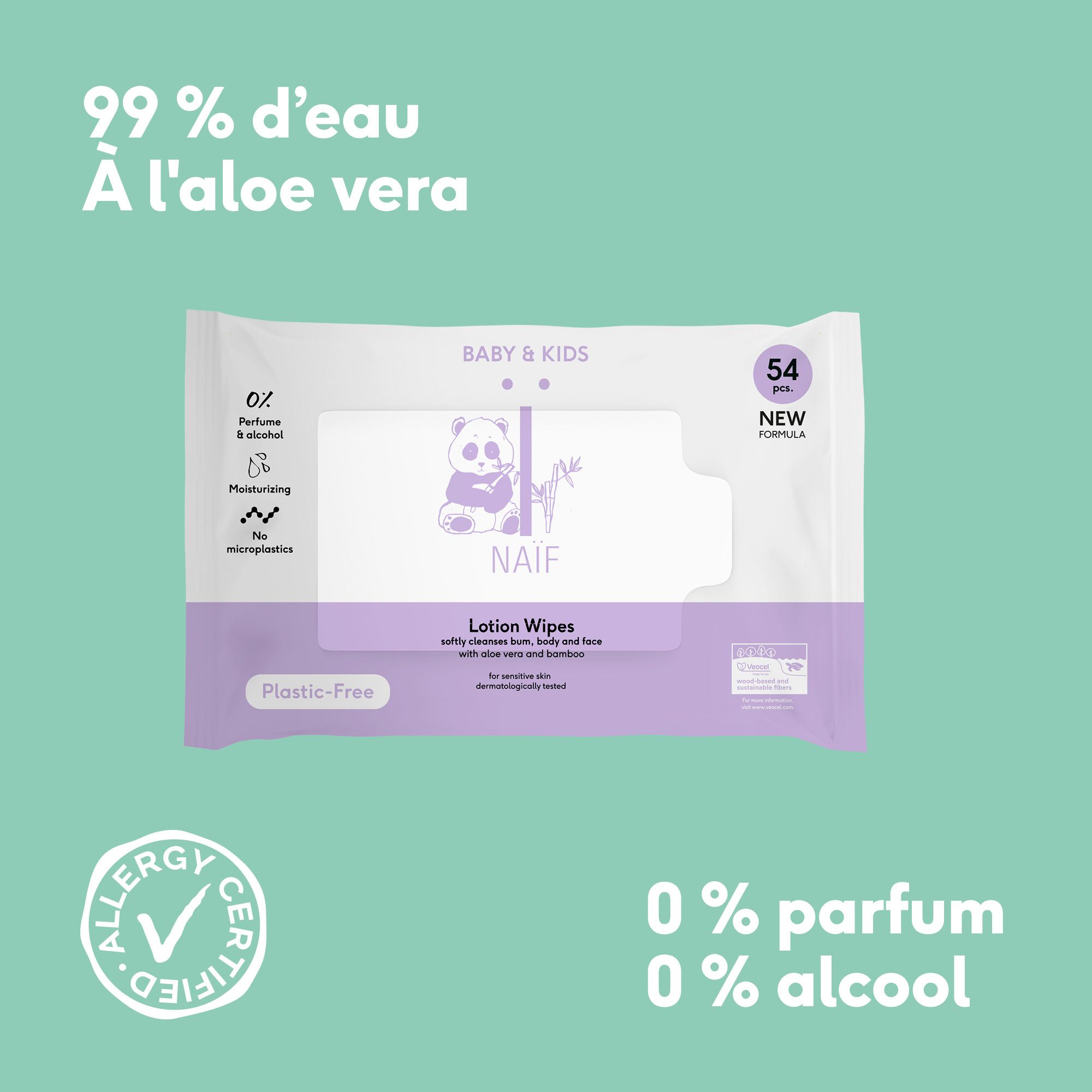 Paquet de lingettes NAÏF Lotion Wipes. 54 pièces. Texte : 99% d'eau À l'aloe vera. 0% parfum 0% alcool.