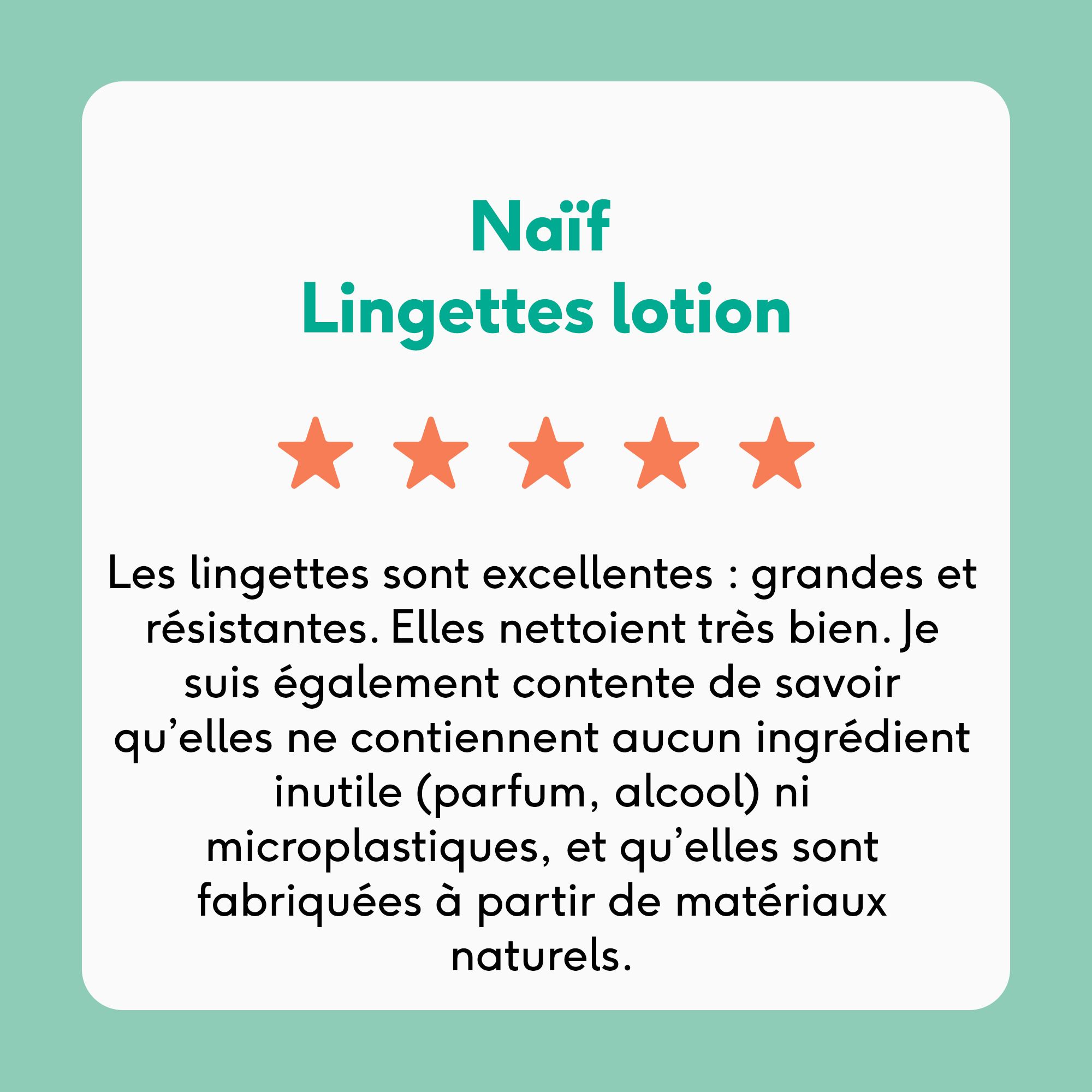 Texte sur fond blanc : NAÏF Lingettes lotion. 5 étoiles. Texte sur les lingettes.