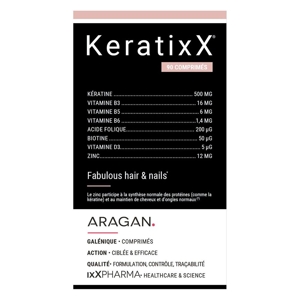 Emballage. Inscription KeratixX, 90 comprimés. Texte: Fabulous Hair & Nails. Marque: ARAGAN. Ingrédients.