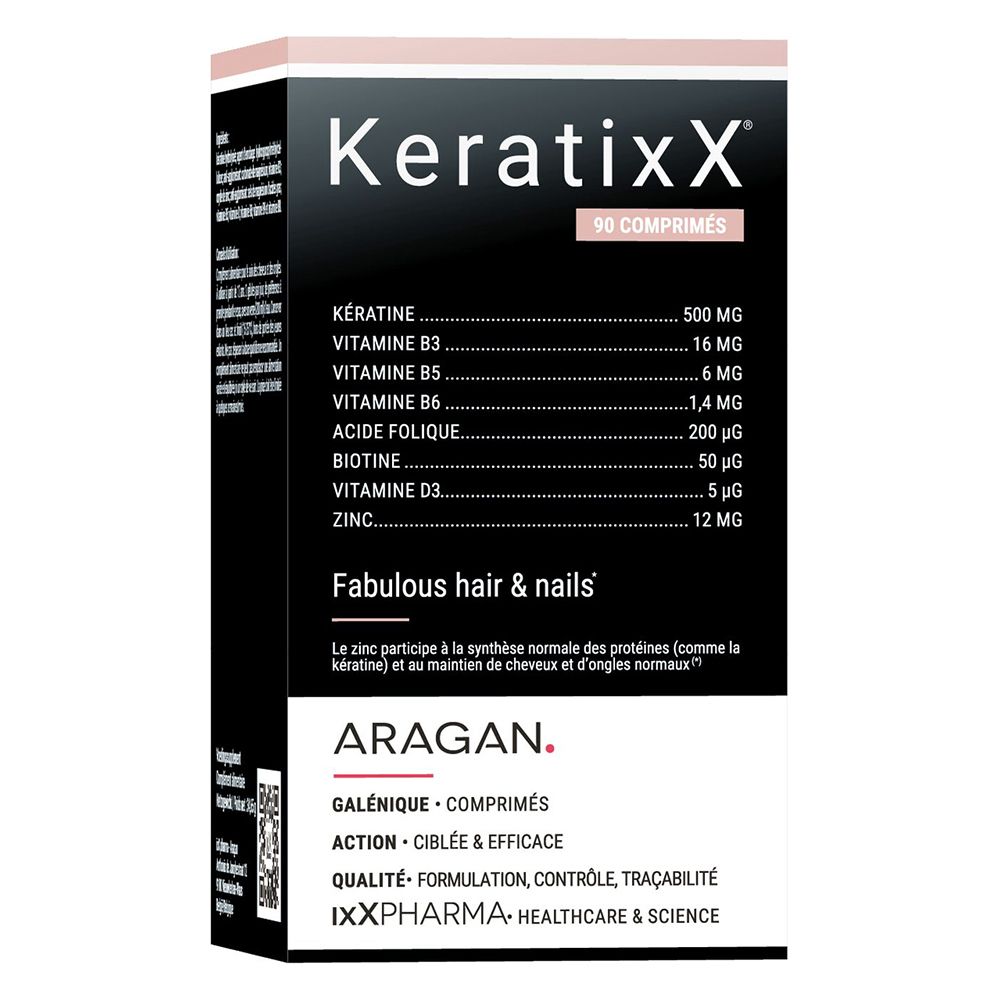 Emballage. Inscription KeratixX, 90 comprimés. Texte: Fabulous Hair & Nails. Marque: ARAGAN. Ingrédients.