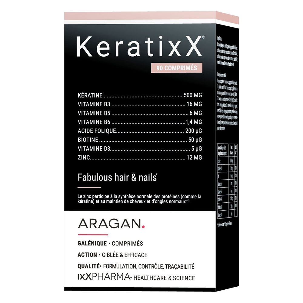 Emballage. Inscription KeratixX, 90 comprimés. Texte: Fabulous Hair & Nails. Marque: ARAGAN. Ingrédients.