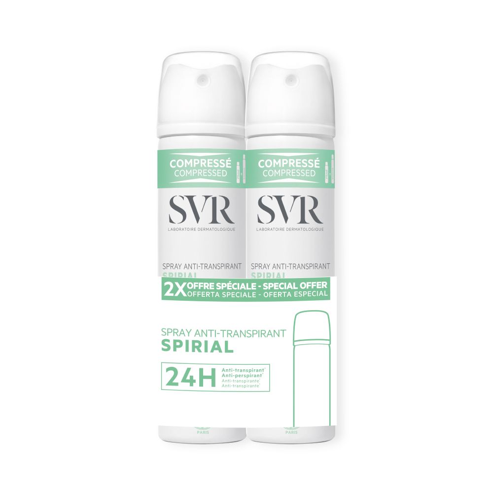 Deux sprays déodorants côte à côte. Inscription : SVR, Spirial, 24H. Couleurs vert et blanc.