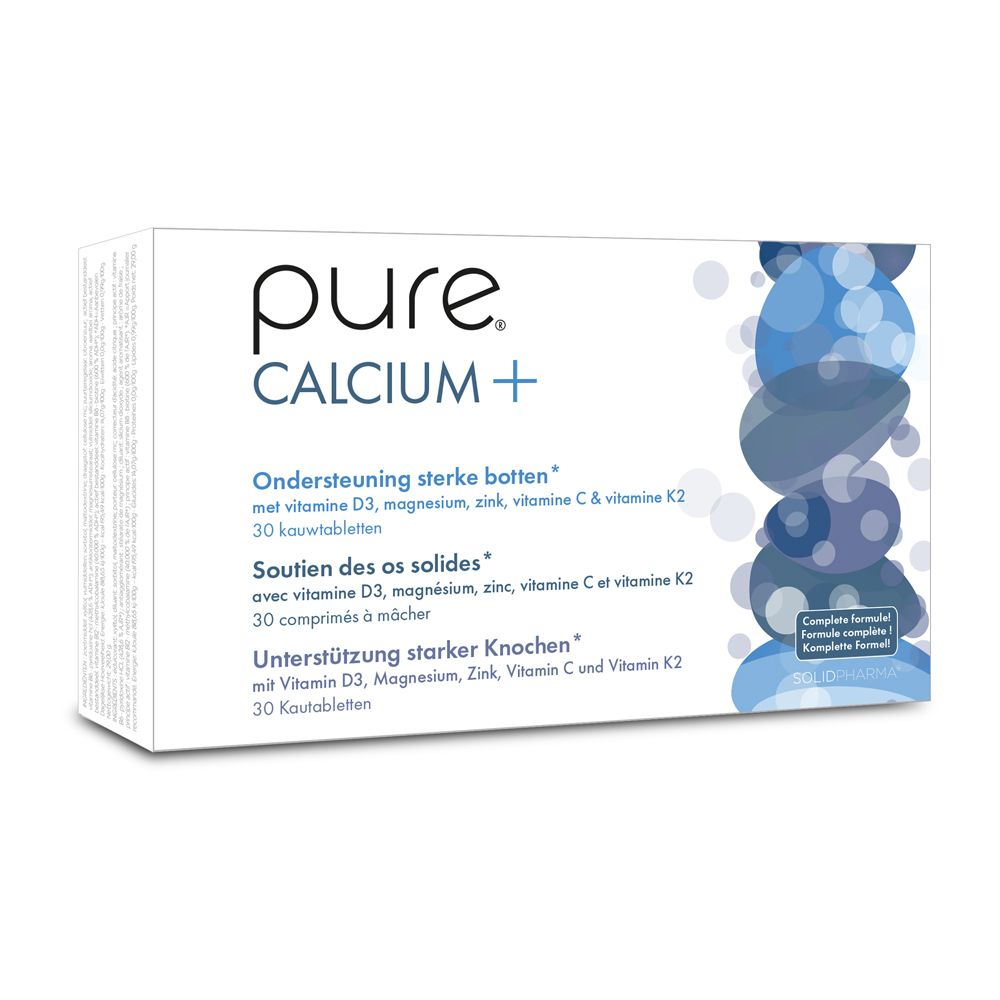 Boîte blanche avec nom du produit et graphique bleu. Contient 30 comprimés à mâcher.