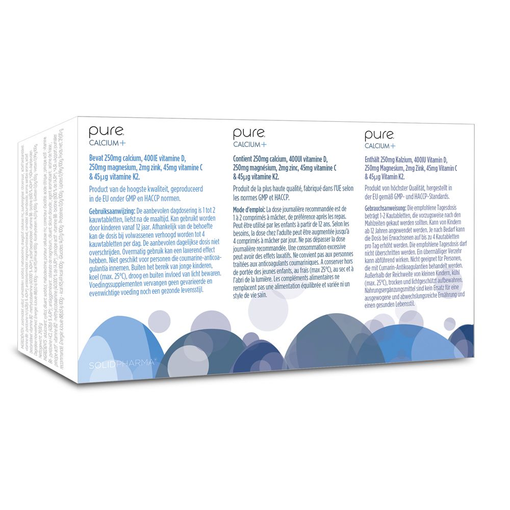 Boîte "pure CALCIUM +" avec textes multilingues. Contient 90 comprimés à mâcher. Arrière avec informations.