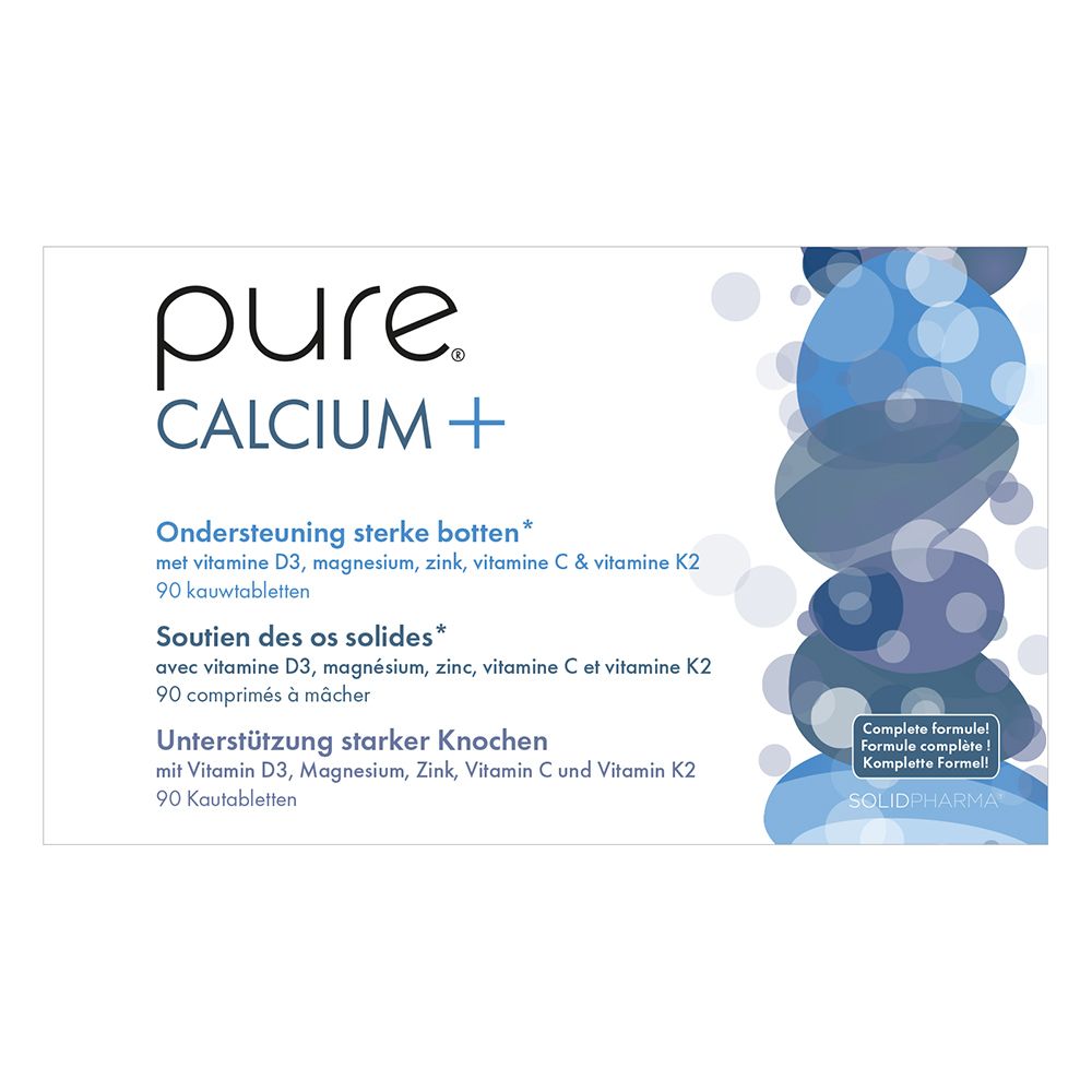 Boîte "pure CALCIUM +" avec textes multilingues. Contient 90 comprimés à mâcher. Arrière avec informations.
