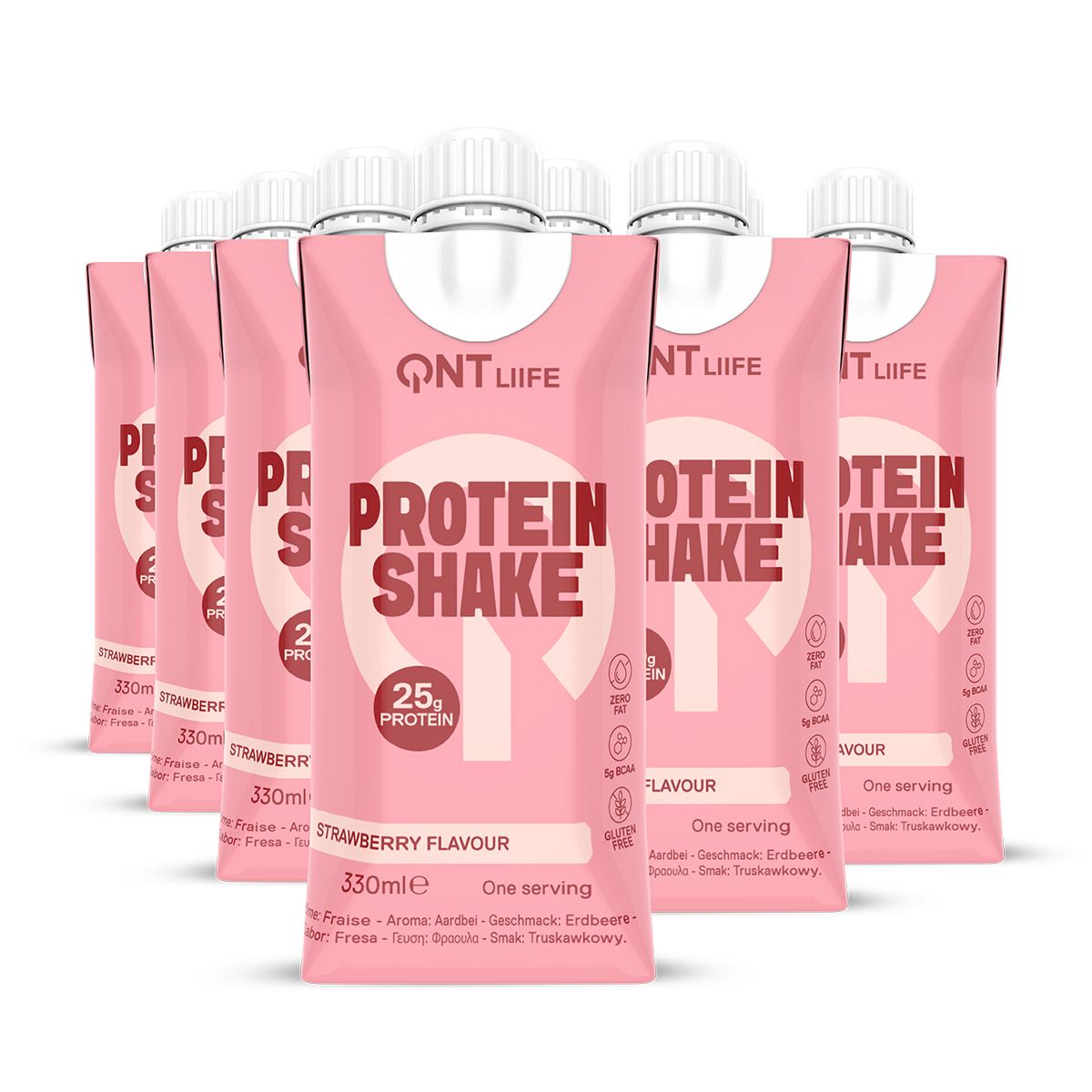 Plusieurs emballages de boisson protéinée. Saveur fraise. Marque QNT Life. 25g de protéines par portion. Sans gluten.