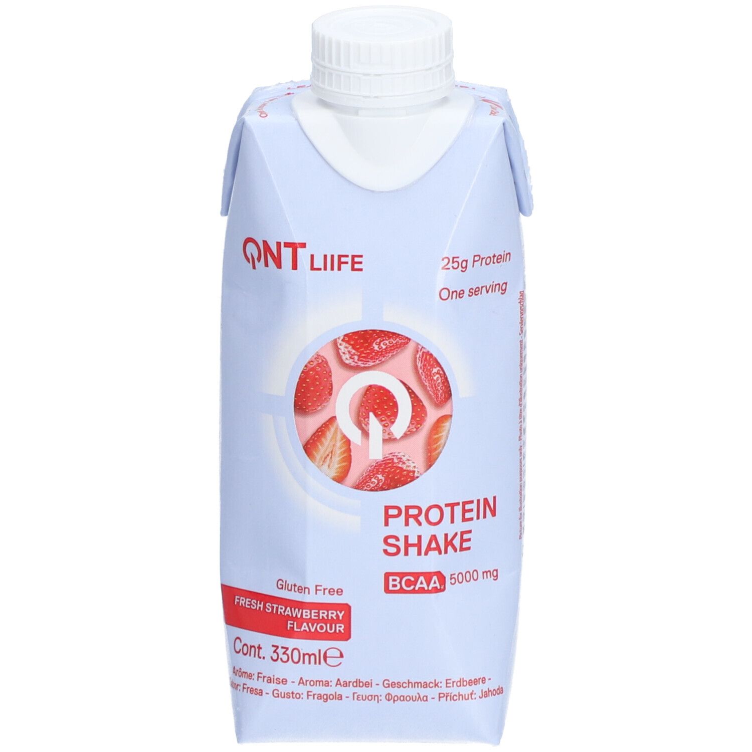 QNT LIIFE Protein Shake. Goût fraise, BCAA 5000 mg. 25g protéines. 330ml. Sans gluten.