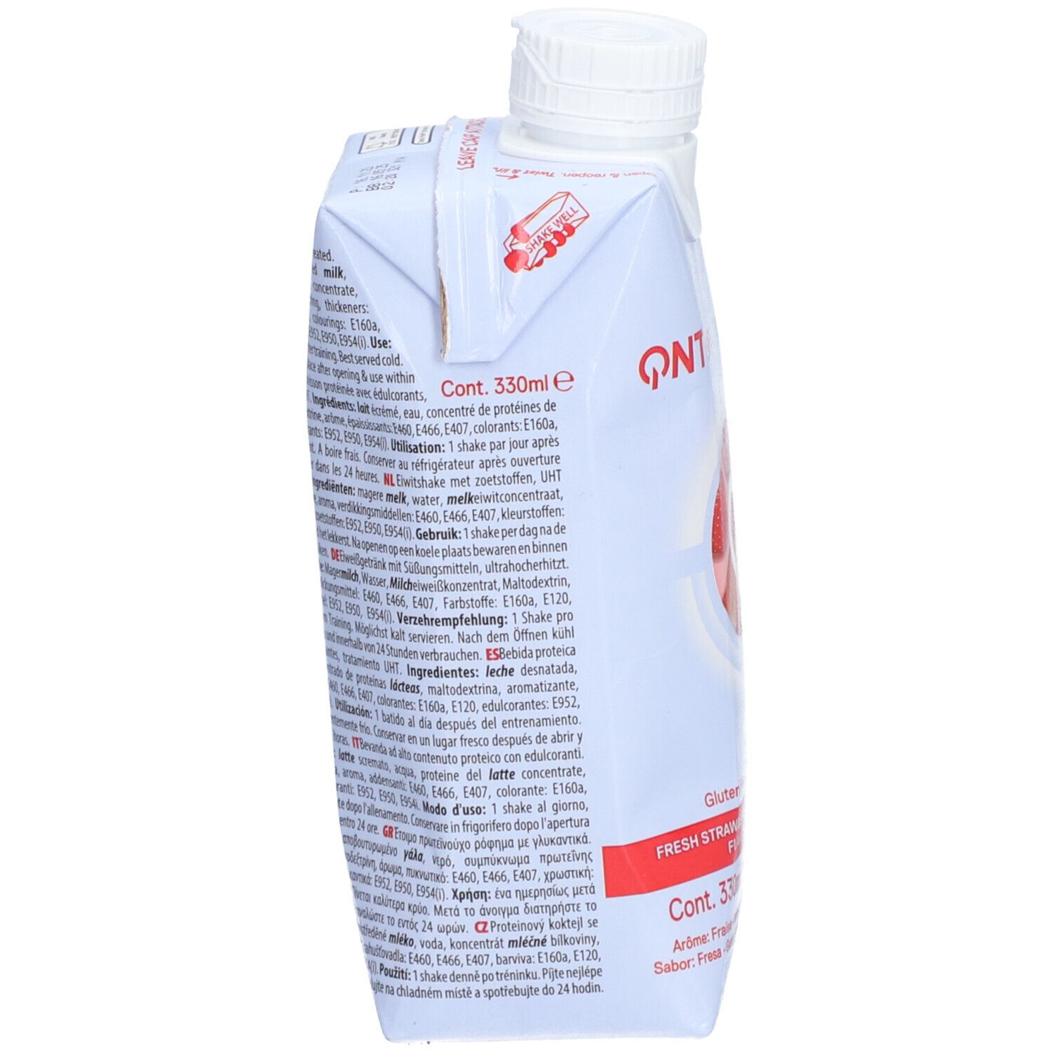 QNT LIIFE Protein Shake, dos. Liste des ingrédients, informations nutritionnelles. 330ml. Sans gluten.