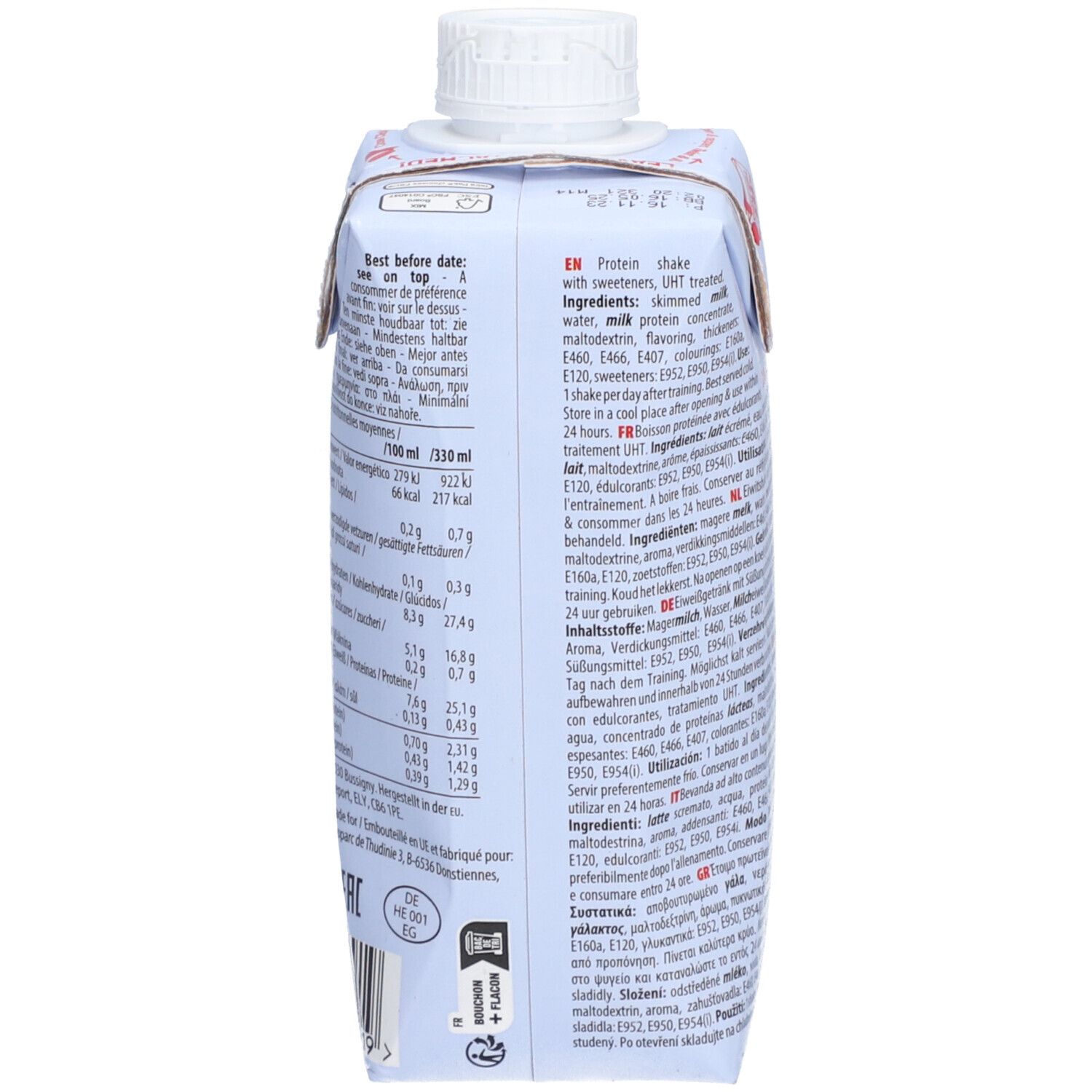 QNT LIIFE Protein Shake, dos. Informations nutritionnelles, ingrédients. 330ml. Sans gluten.