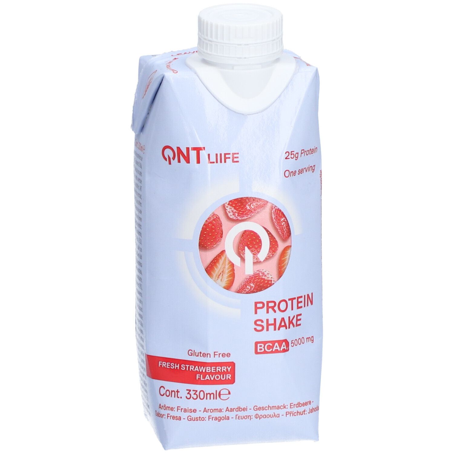 QNT LIIFE Protein Shake. Goût fraise, BCAA 5000 mg. 25g protéines. 330ml. Sans gluten.