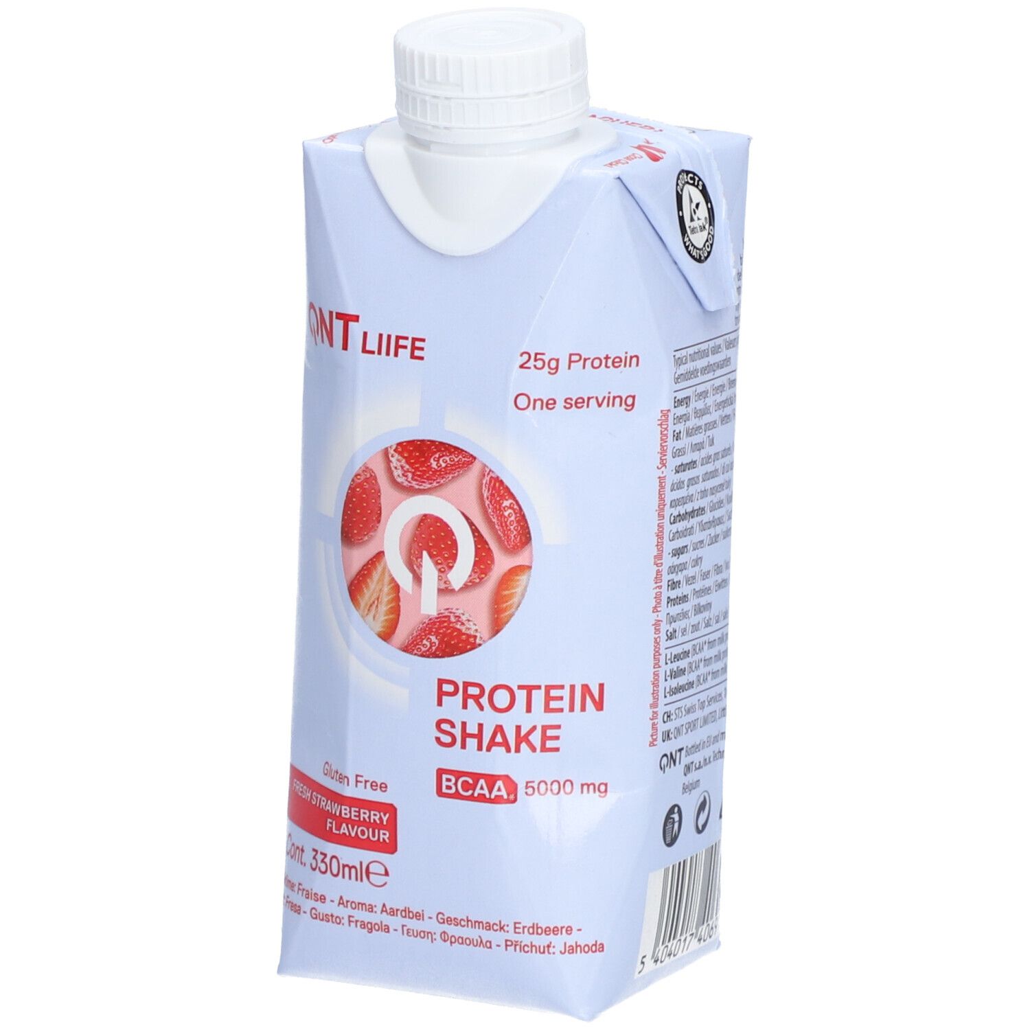 QNT LIIFE Protein Shake. Goût fraise, BCAA 5000 mg. 25g protéines. 330ml. Sans gluten.