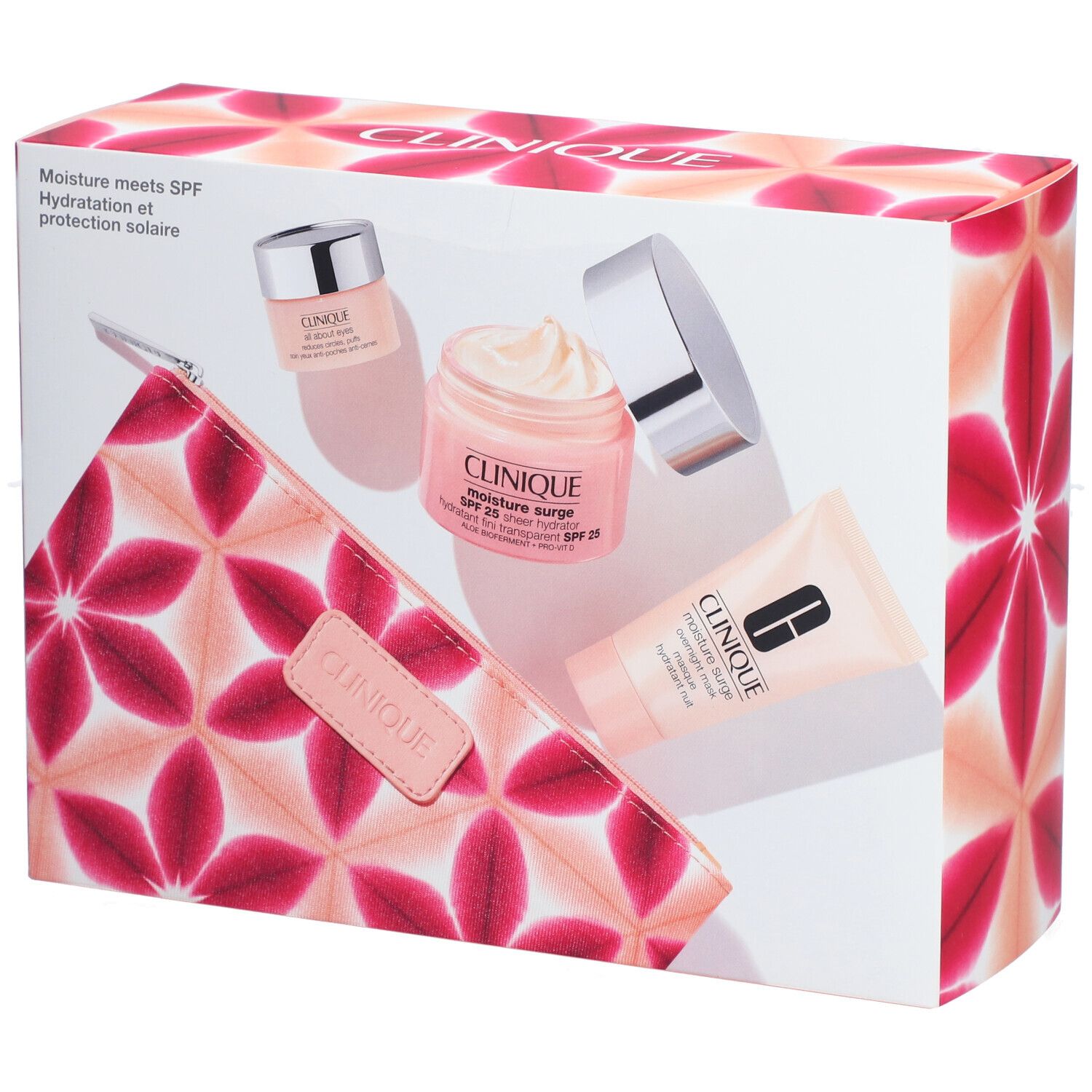 Coffret cadeau de produits cosmétiques. Comprend pots, tube, trousse. Emballage à motifs floraux et logo de la marque.