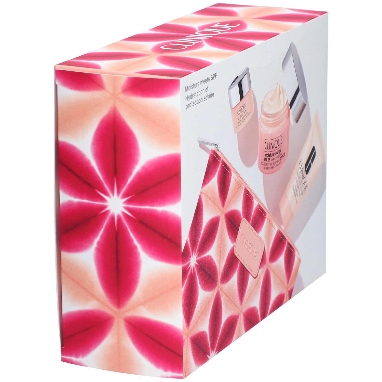 Emballage du coffret cadeau à motifs floraux. Forme carrée, vue de côté. Logo de la marque sur le dessus.