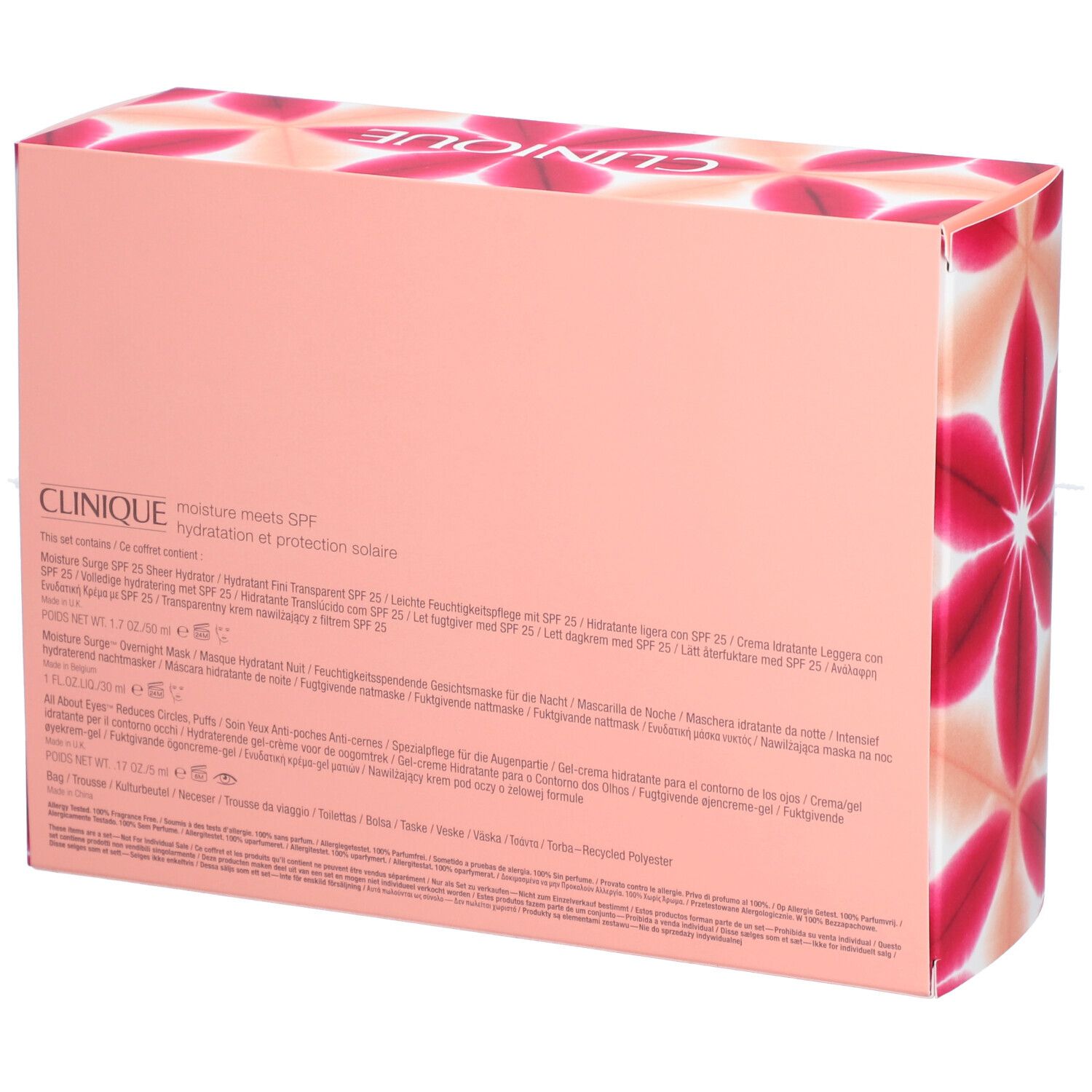 Dos du coffret cadeau. Texte avec informations sur le produit et nom de la marque. Motif floral sur les bords.