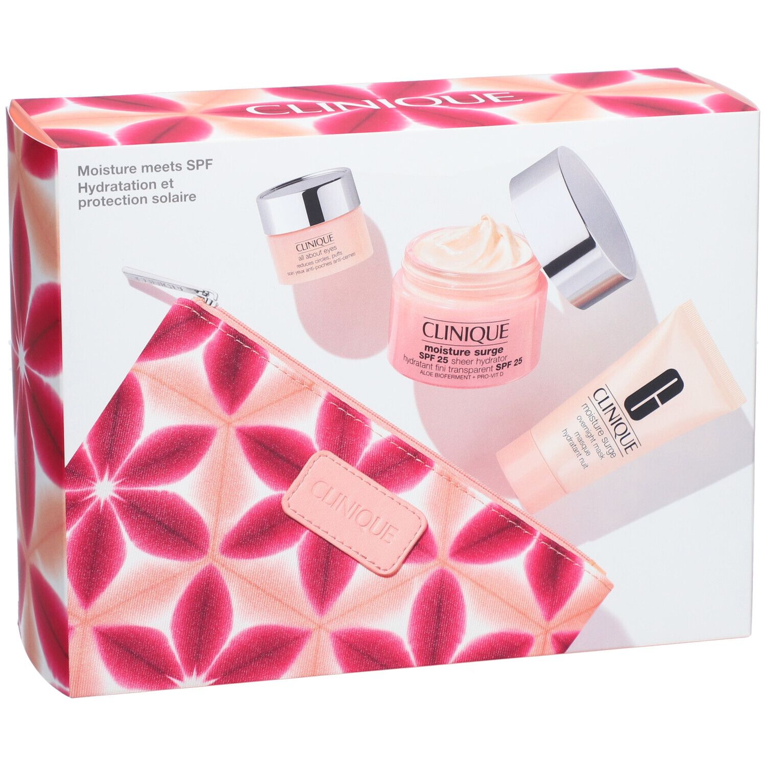 Coffret cadeau de produits cosmétiques. Comprend pots, tube, trousse. Emballage à motifs floraux et logo de la marque.