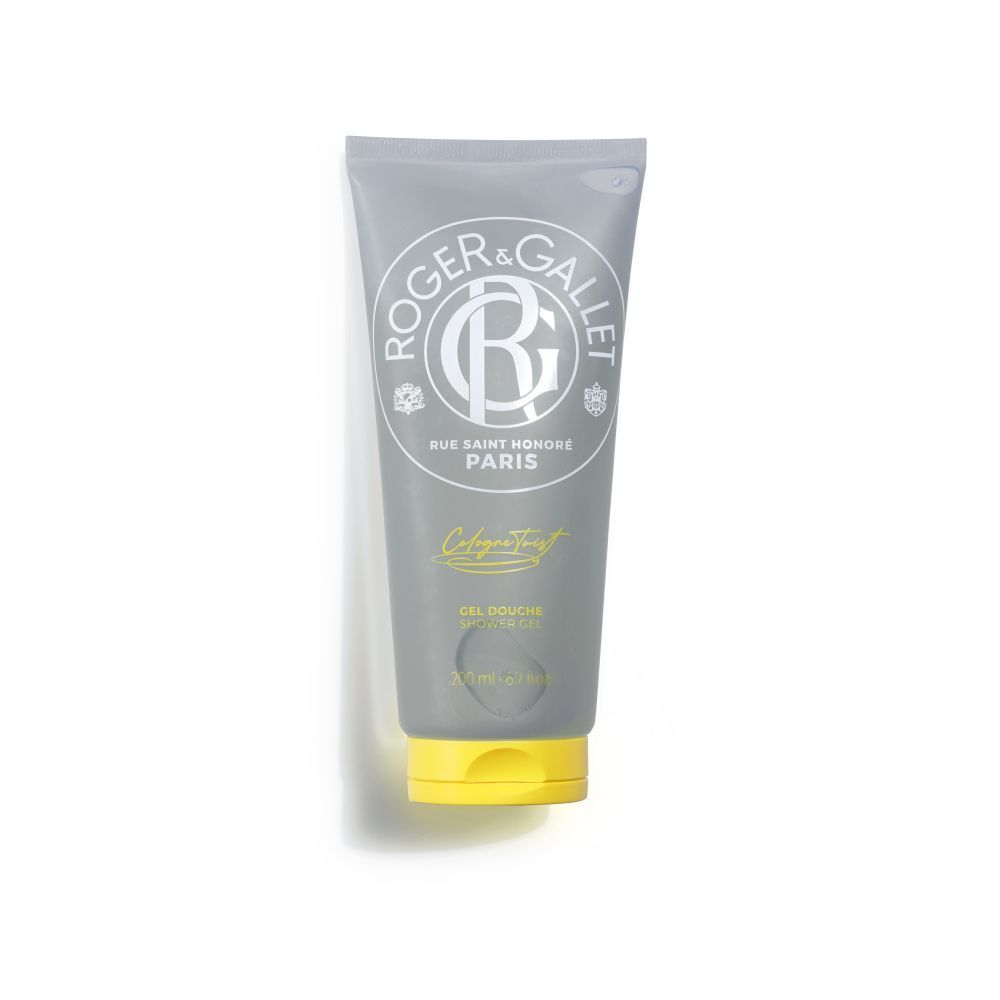 Tube gris à bouchon jaune. Inscription: Roger & Gallet, Rue Saint Honoré Paris, Cologne Twist, Gel douche.