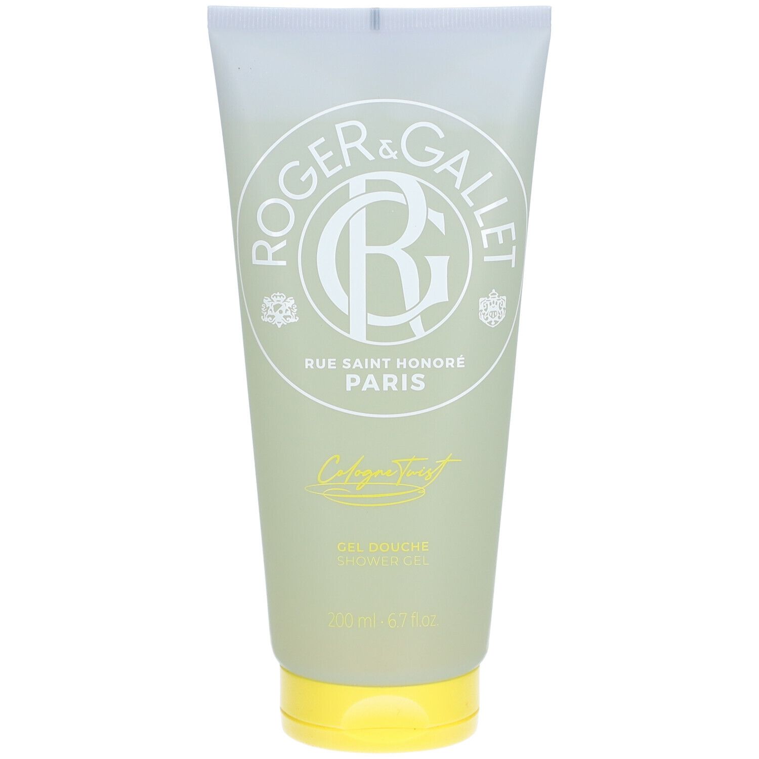 Tube vert clair avec bouchon jaune. Inscription: Roger & Gallet, Rue Saint Honoré Paris, Cologne Twist, Gel douche.