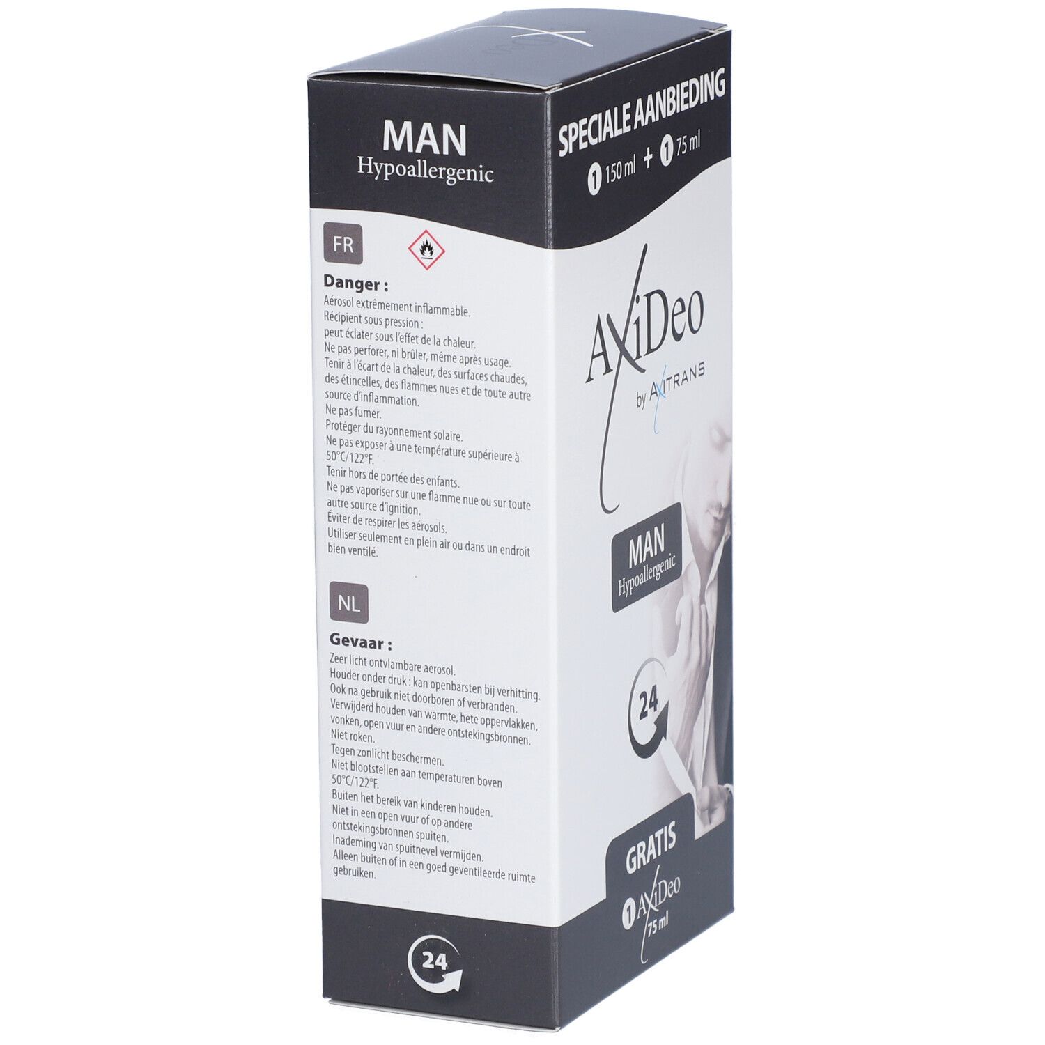 Boîte avec texte: "MAN", "Hypoallergenic", et symboles de danger. Contient deux produits.