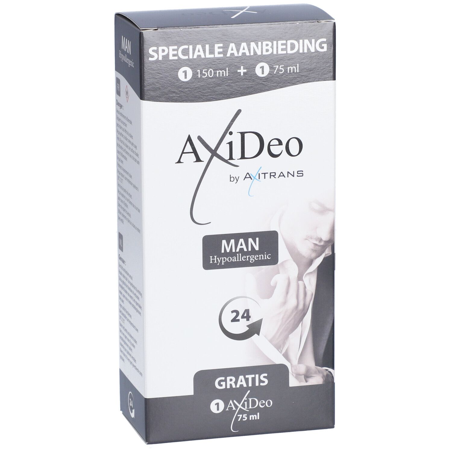 Boîte avec texte: "SPECIALE AANBIEDING", "MAN", "Hypoallergenic", et "GRATIS". Contient deux produits.