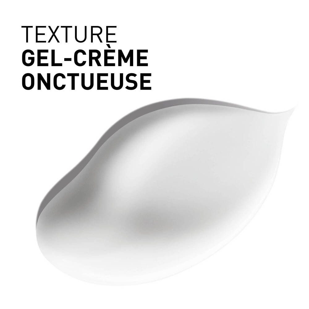 Texture gel-crème. Crème blanche sur fond blanc. Texte: TEXTURE GEL-CRÈME ONCTUEUSE.