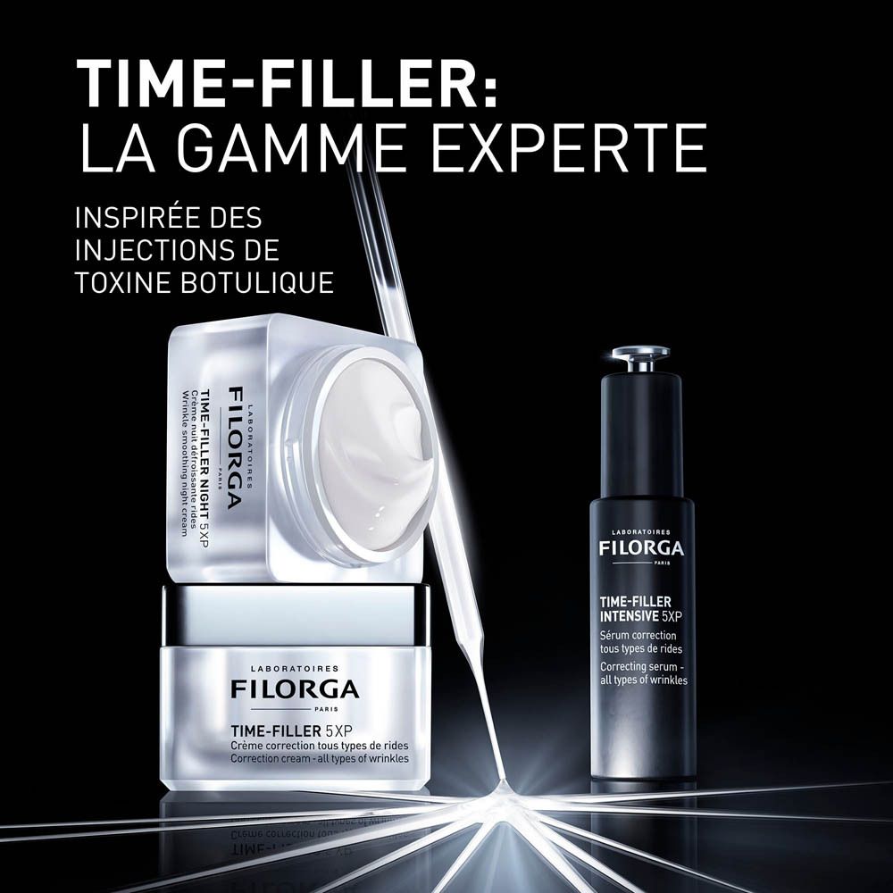 Gamme de produits. Filorga Time-Filler Night 5XP, crème et sérum. Marque et noms de produits visibles.